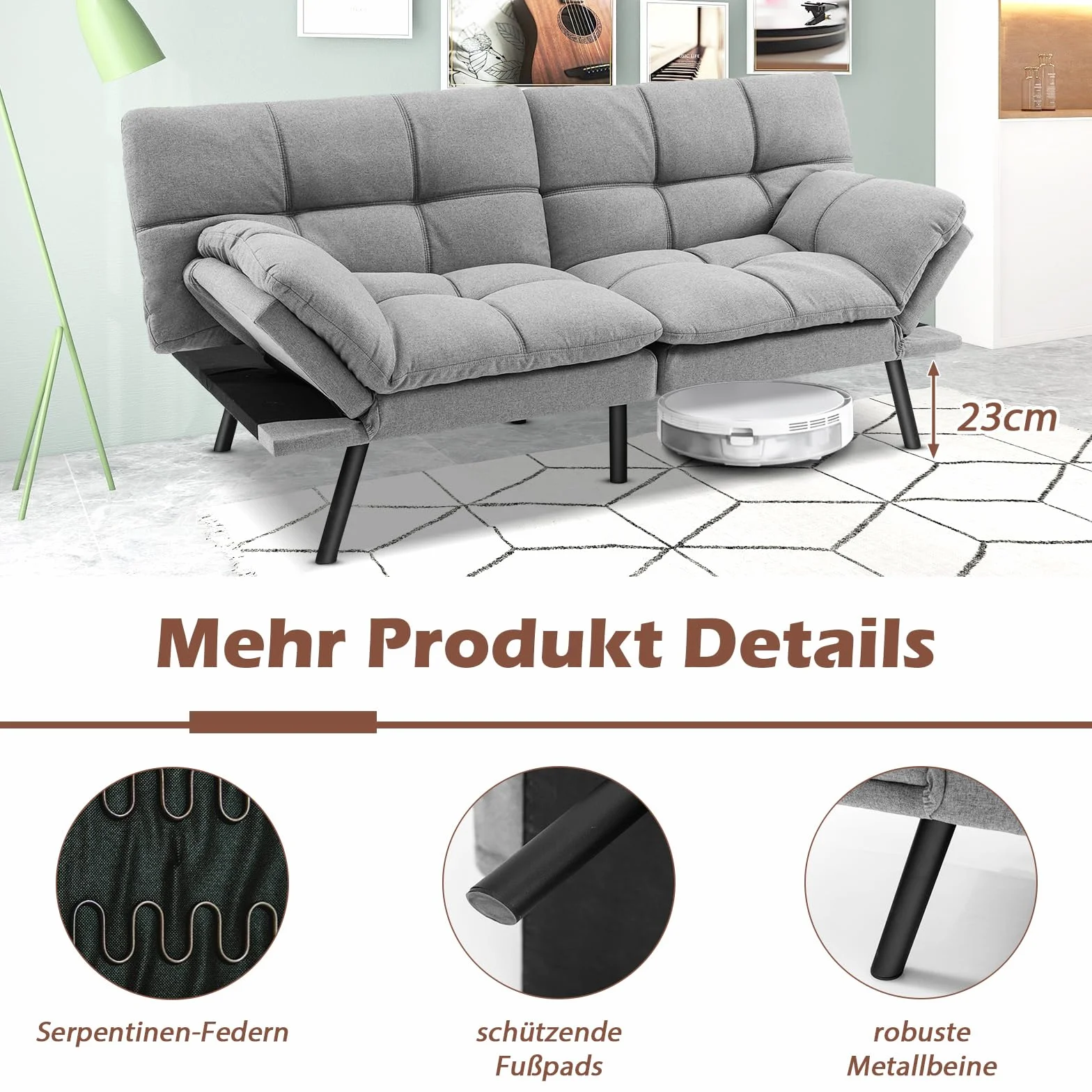 COSTWAY Składana sofa z funkcją spania, rozkładana sofa do spania z regulowanym oparciem, duża powierzchnia do leżenia 182 x 106,5 cm, do salonu, TH32548SDDE