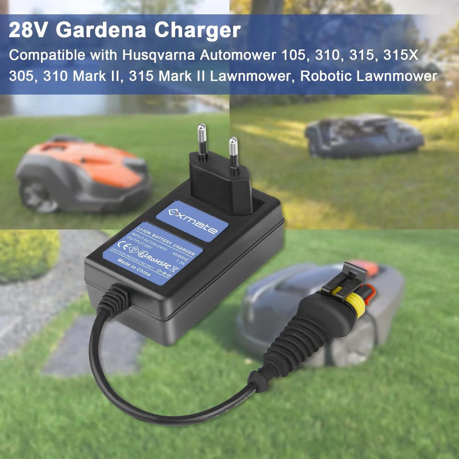 Exmate Adapter 28 V 1,3 A zasilacz sieciowy kompatybilny z Husqvarna Automower 105 305 310 315X 405X 415X, ładowarka do kosiarki Gardena 2016+/Sileno 2018+