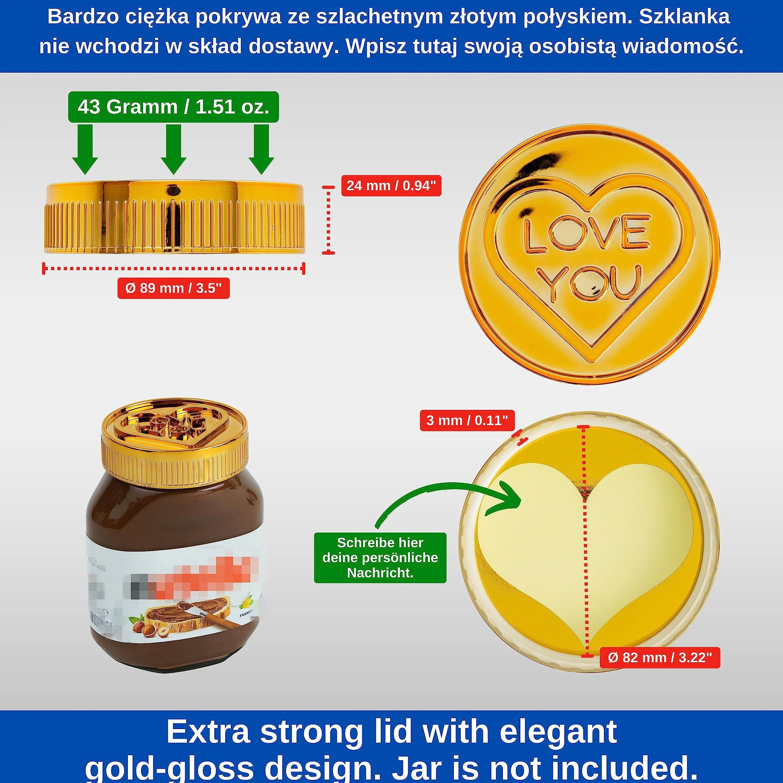 Pokrywka prezentowa LOVE YOU złota do słoika Nutella 600 g