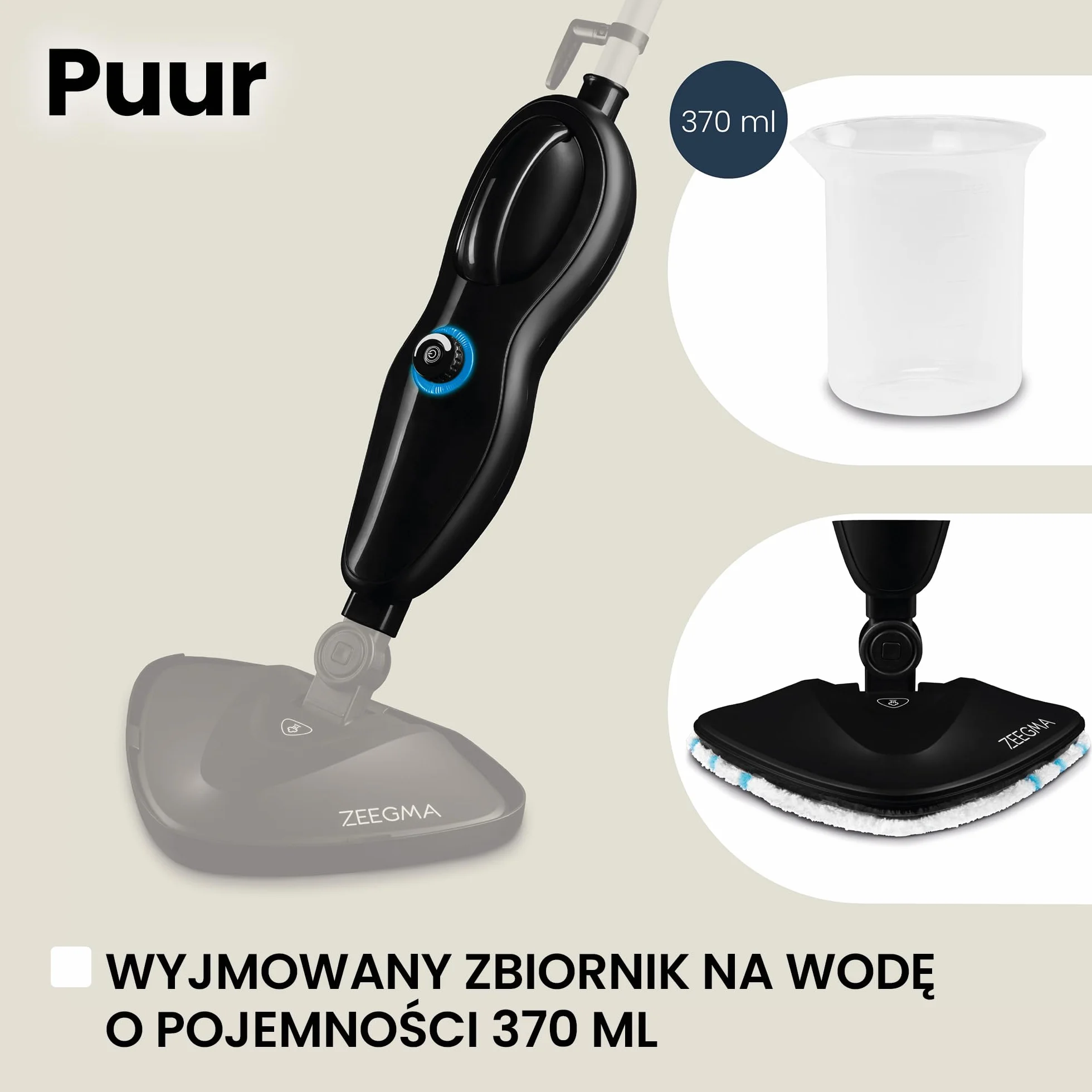 ZEEGMA Puur mop parowy, funkcja myjki, regulacja strumienia pary, 19 ml/min, moc 1500 W, przewód 5 m, 2 filtry i 7 wymiennych końcówek w zestawie, wyjmowany zbiornik na wodę 370 ml
