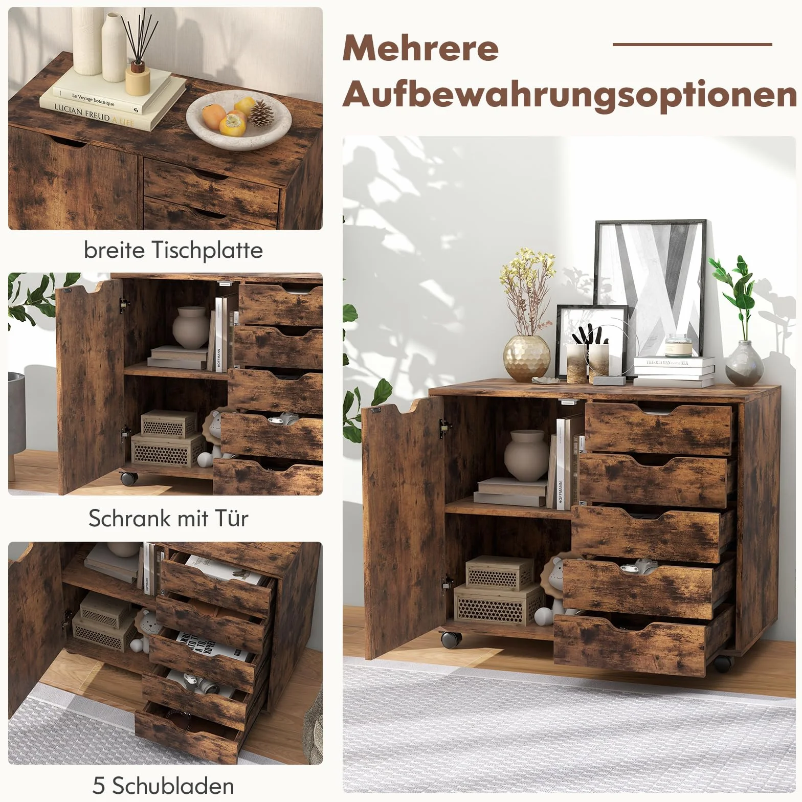 GOPLUS Kontener na kółkach z szufladami, mobilna szafka na dokumenty z szafką, szafka biurowa na 5 kółkach, na drukarki i książki, 78 × 39 × 65 cm (rustykalny brąz)