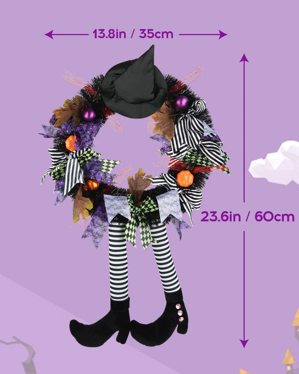 SHAVINGFUN Dekoracje Halloween, Wieniec Czarownicy, Czarny Wieniec z Kapeluszem, Czarownice, Dynia, Do Wewnątrz i Zewnątrz, Do Domu