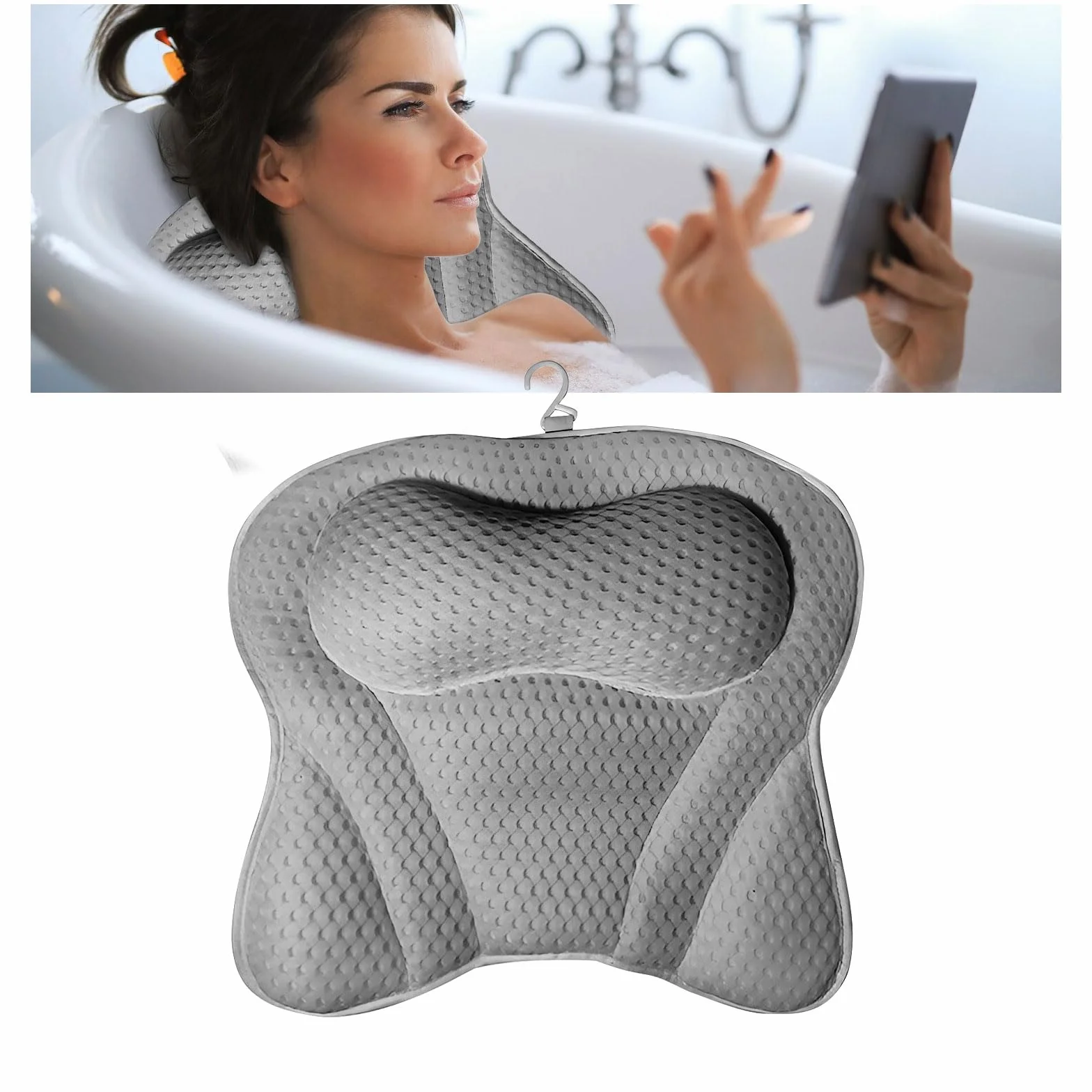 Poduszka do kąpieli, poduszka do wanny 4D Air Mesh z 6 przyssawkami Antypoślizgowa ergonomiczna poduszka do kąpieli może wspierać głowę, szyję, plecy, domowe spa (szary)