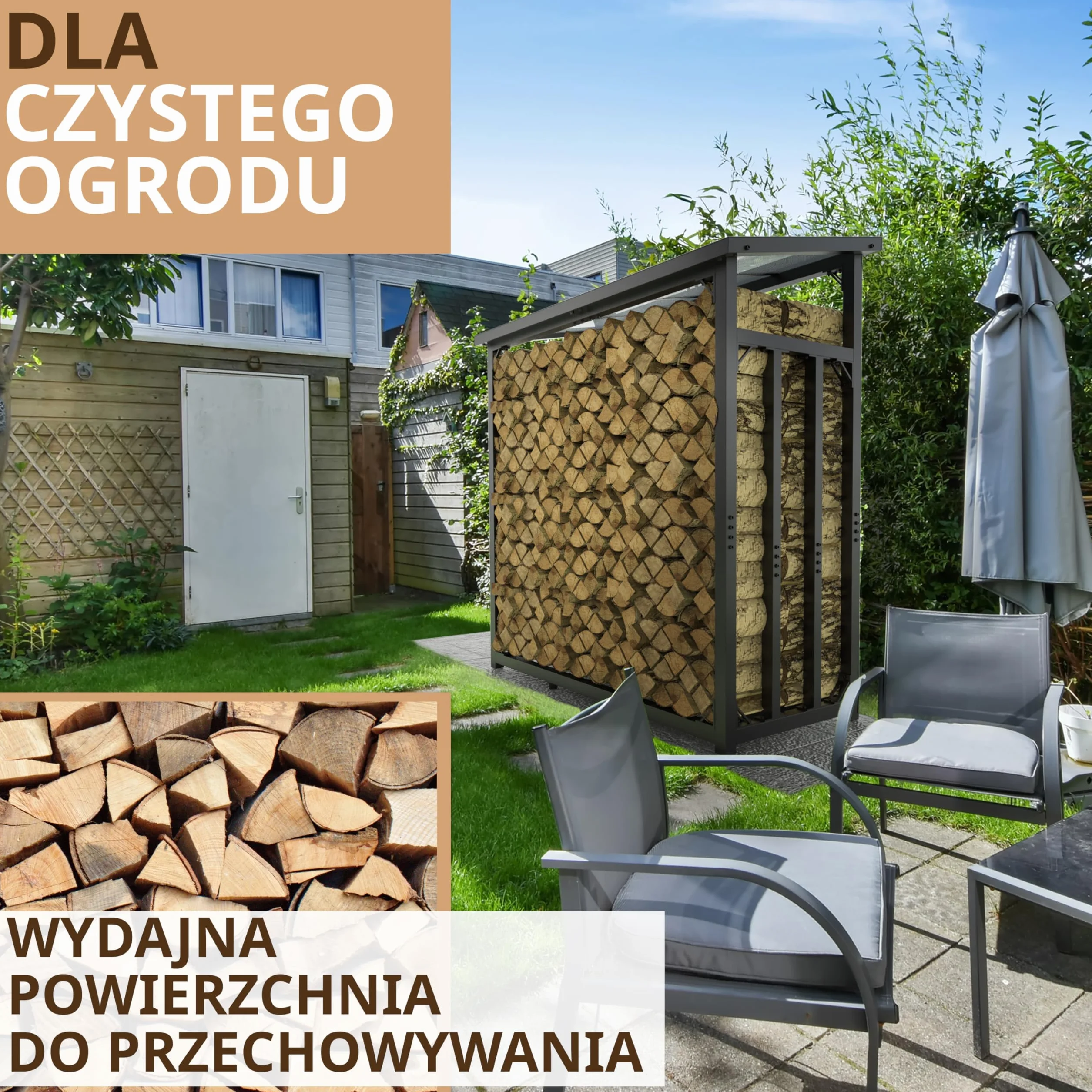 Regał na drewno opałowe zewnętrzny z dachem, ocynkowany, 188 x 70 x 188 cm 45 kg, stojak do układania w stos, nośność 3 t regał na drewno kominkowe metal z pokrywą czarny
