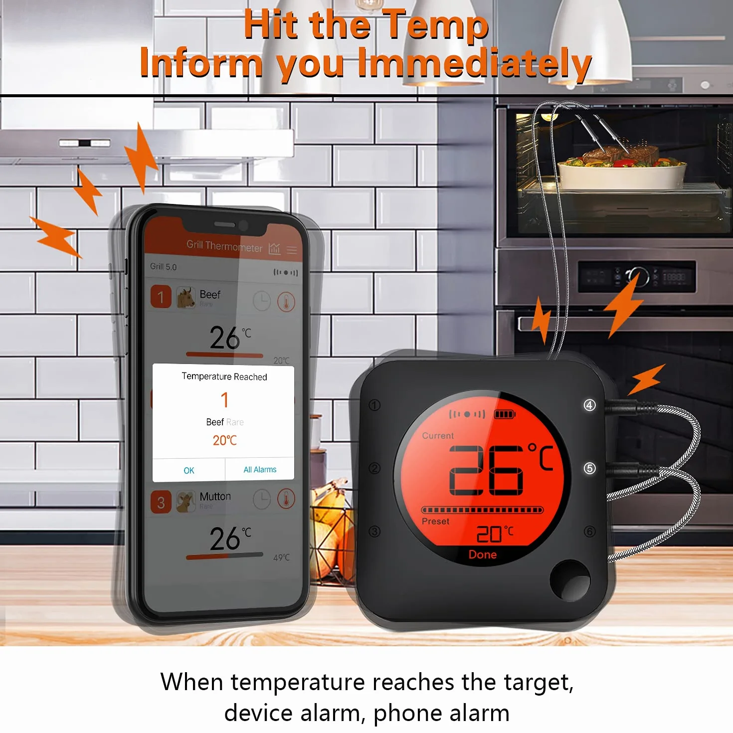 BFOUR termometr do pieczenia z funkcją Bluetooth, z zegarem, 4 czujnikami temperatury, sondą, cyfrowym termometrem do grilla, podświetleniem tła LED