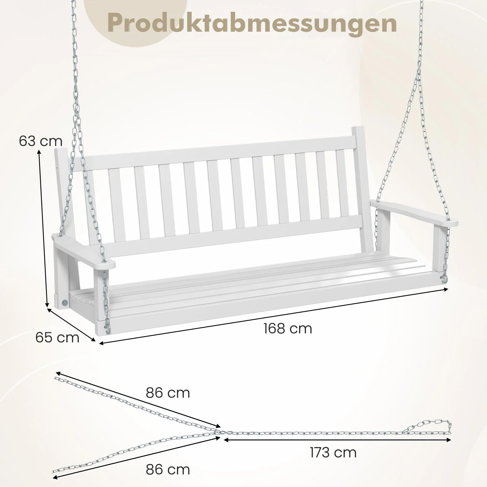 COSTWAY Ławka wisząca z litego drewna, 3-osobowa huśtawka ogrodowa, huśtawka Hollywood do zawieszenia, obciążenie do 360 kg, biała, 168 x 65 x 63 cm
