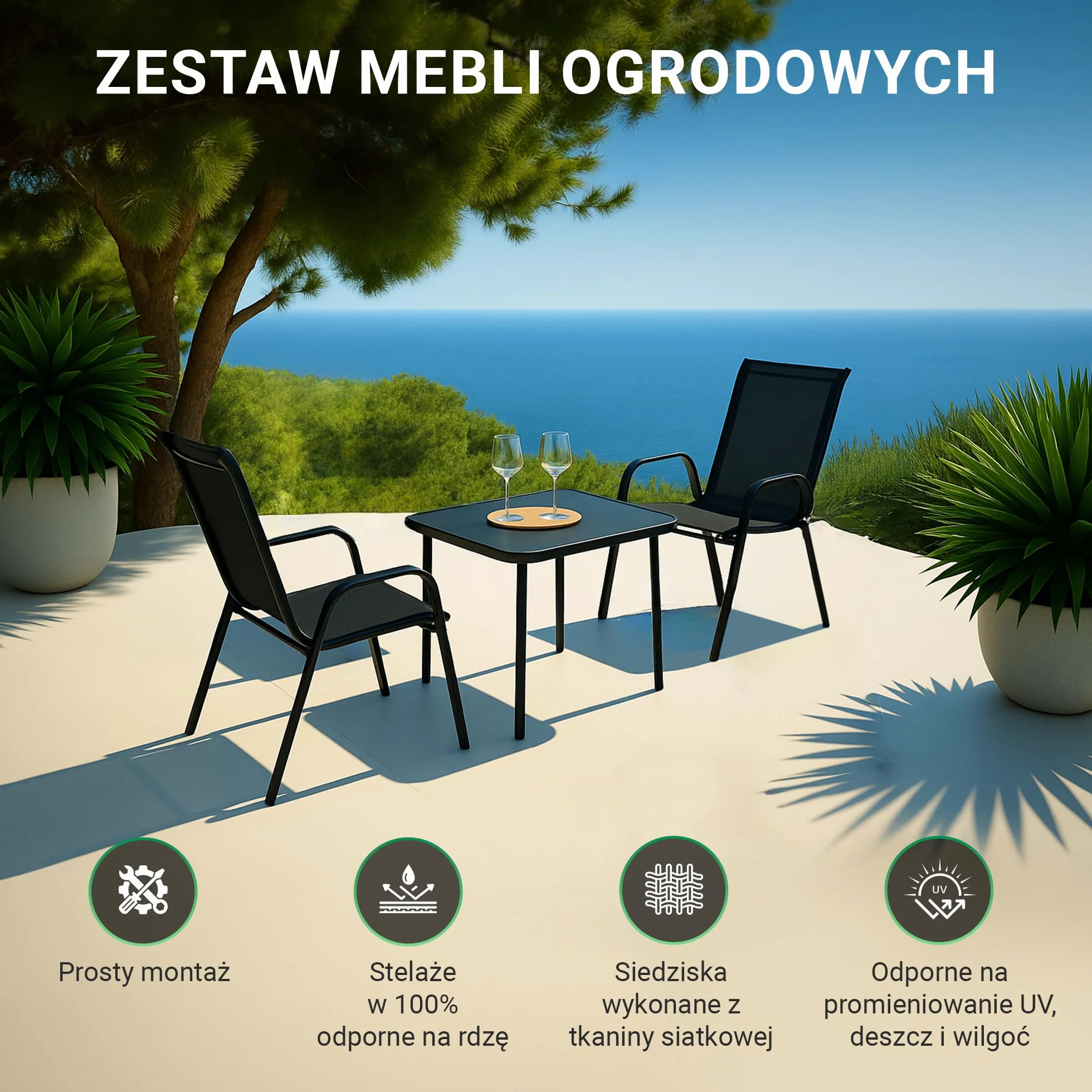 EXTRALINK 3-częściowy Zestaw Mebli Balkonowych – nowoczesny zestaw mebli ogrodowych z 2 krzesłami i stołem, rama ze stali nierdzewnej odporna na warunki atmosferyczne, zestaw balkonowy