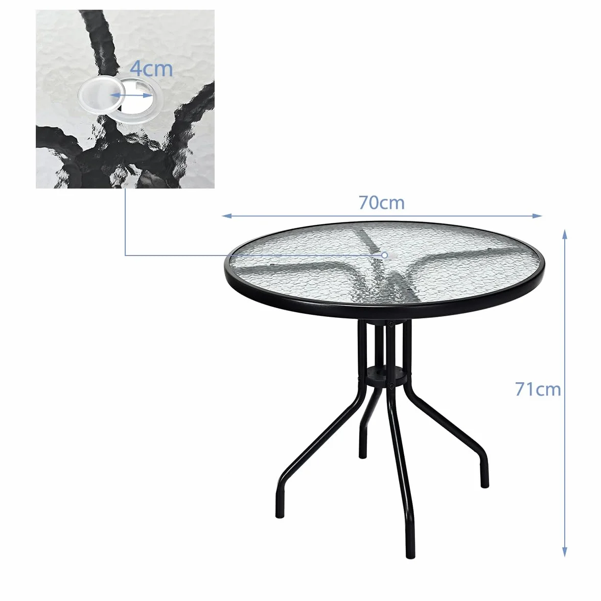 COSTWAY Stół ogrodowy z blatem z hartowanego szkła, 70 x 70 x 71 cm, stół tarasowy z otworem na parasol i metalową ramą, okrągły stół balkonowy, stół do jadalni na podwórko, taras, do ogrodu