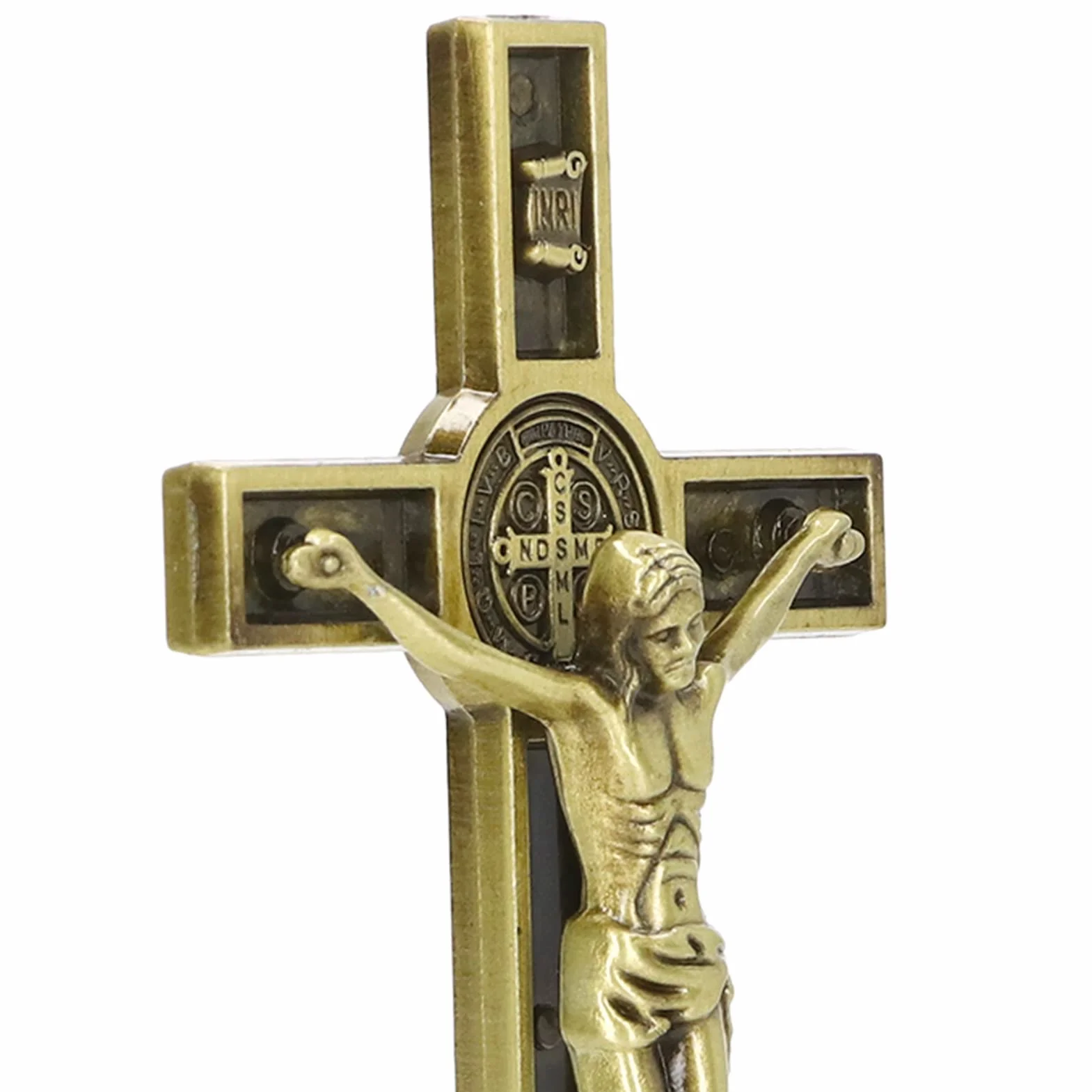 Yosoo Health Gear pionowy metalowy krzyż katolicki na ścianie z odpinaną podstawą do domu, biura, kościołów, krzyż stojący lub montowany na religijnym chrześcijańskim ołtarzu, Kolor miedzi