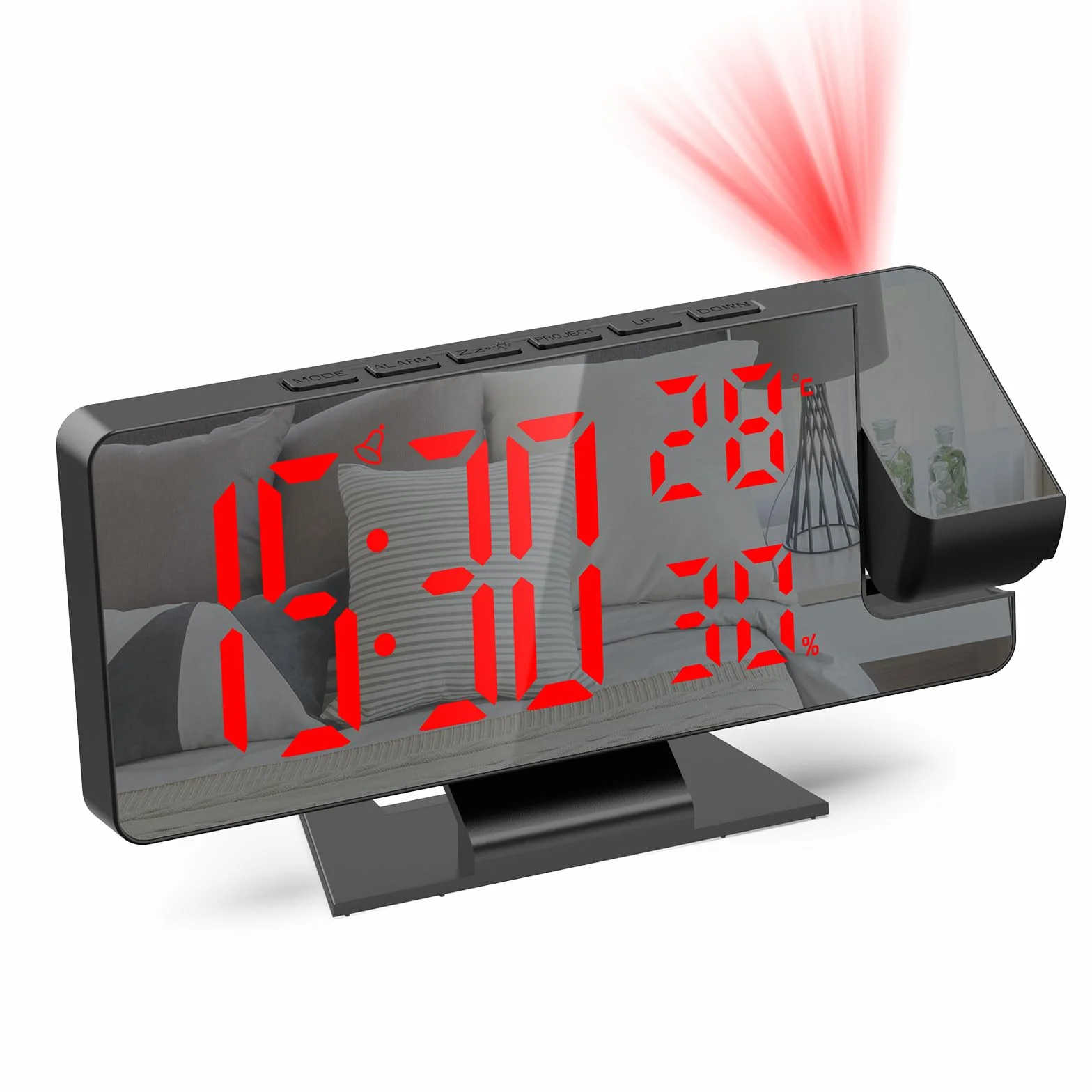 Cyfrowy budzik z projektorem, temperatura i wilgotność, zegar LED, elektroniczny zegar stołowy, budzik podróżny, regulowana jasność, wyświetlacz 12/24h, zegar cyfrowy do domu, sypialni, biura