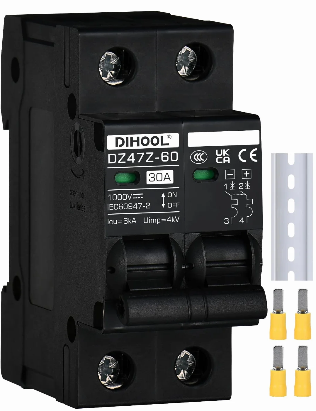 DIHOOL Wyłącznik 1000VDC Solar PV Bezpiecznik fotowoltaiczny automatyczny (DC1000V,2 Pole,30 Amp)