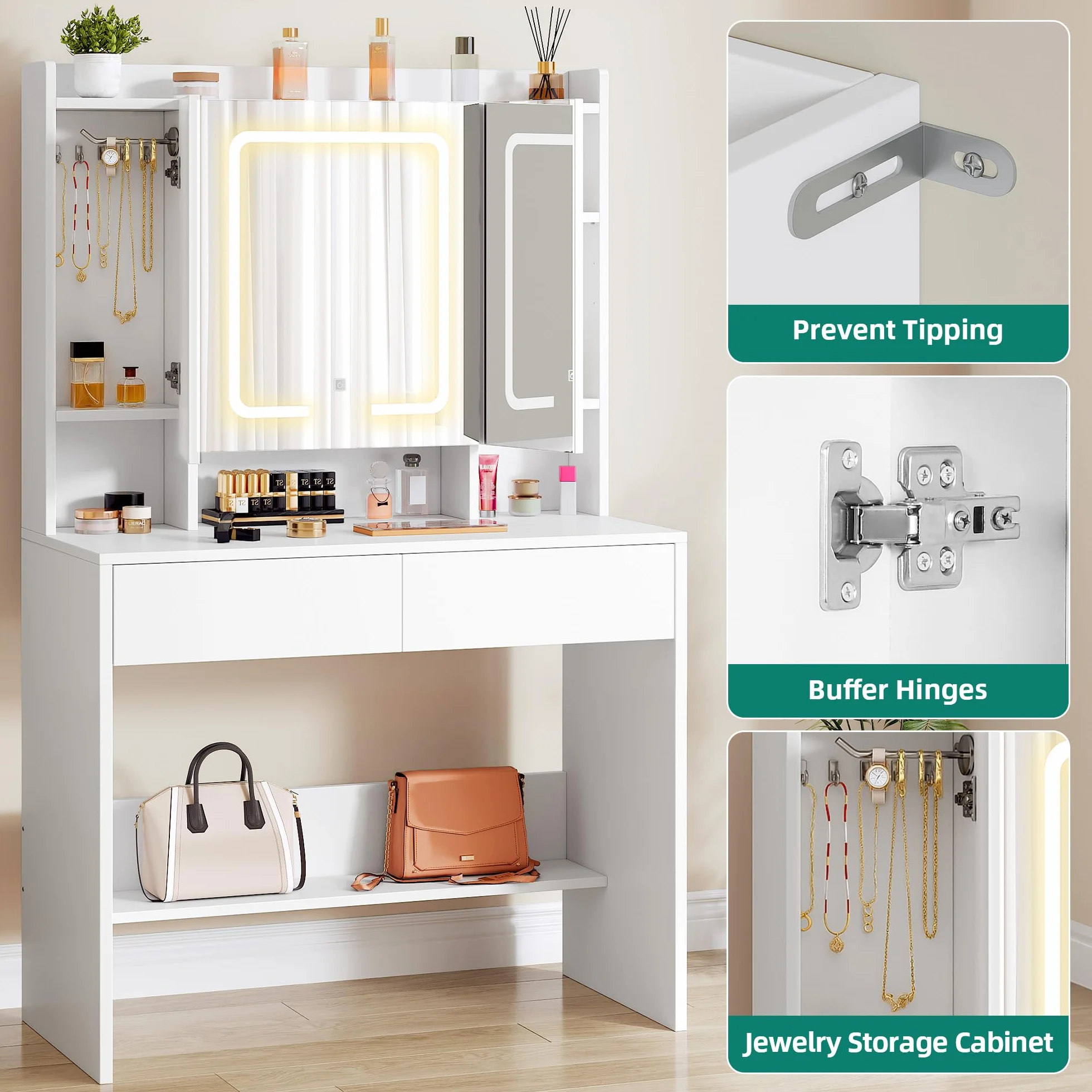YITAHOME Toaletka z oświetleniem LED, toaletka z lustrem, 3 kolory z regulacją jasności, toaletka z lustrem, regulowane półki, 2 szuflady nowoczesna (biała)