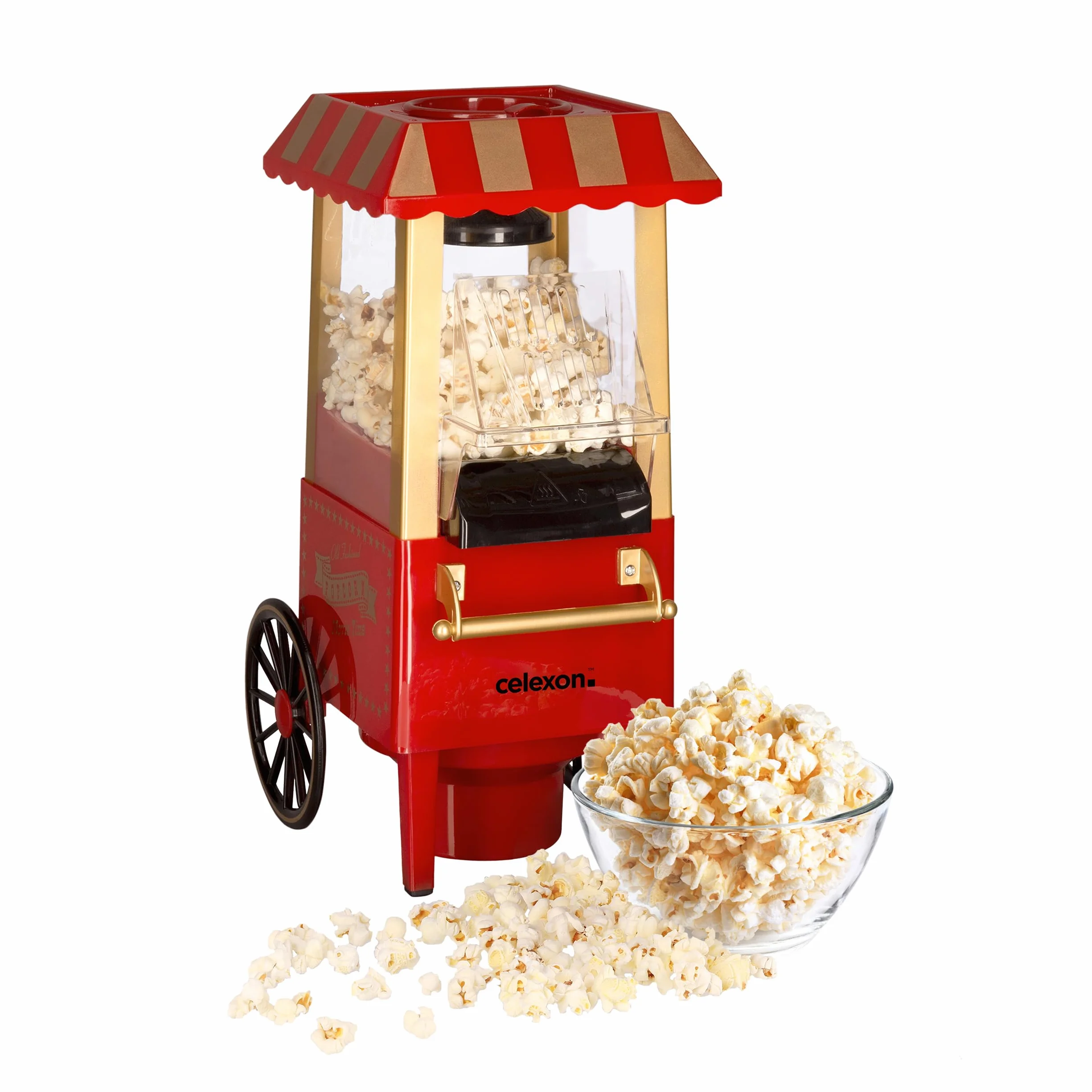 celexon CinePop CP500 maszyna do popcornu – 24 x 19 x 39,5 cm – waga: 1,7 kg – czerwony/retro/wzór Kirmes – bez oleju/niskotłuszczowego – urządzenie do robienia popcornu