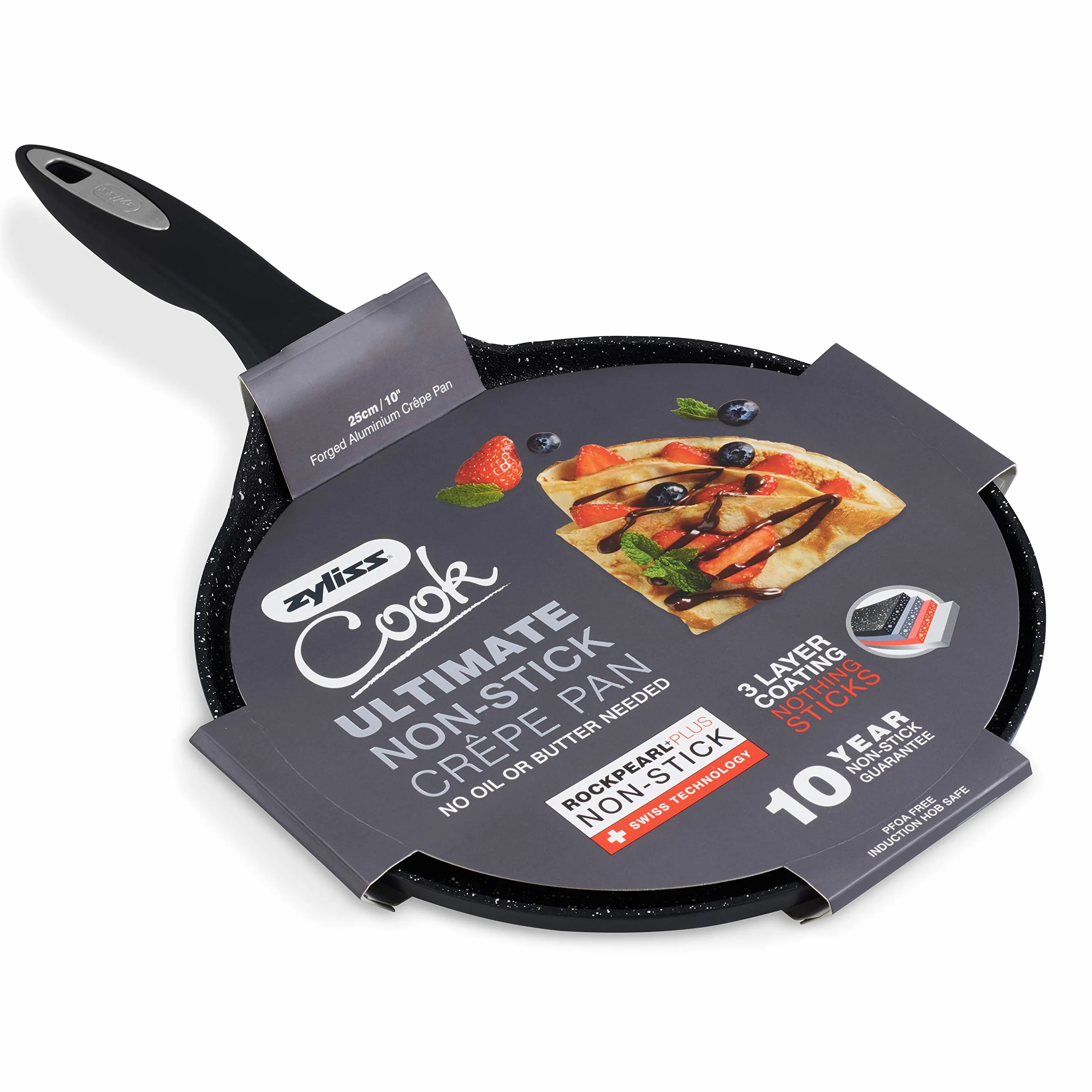 Zyliss E980130 Ultimate Patelnia do naleśników, 25cm/10in, wszystkie palniki, w tym indukcyjne, czarna, aluminium, 10 lat nieprzywierająca gwarancja