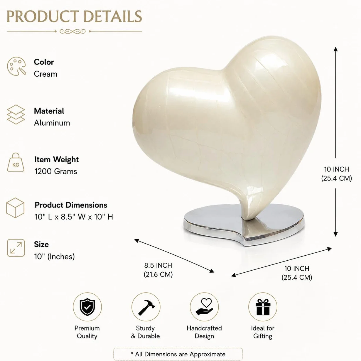 Urns for ashes Memorial Funeral Cremation Adult Human Child Love Urns decorative Heart (Pearl, 10") RHM02-08
