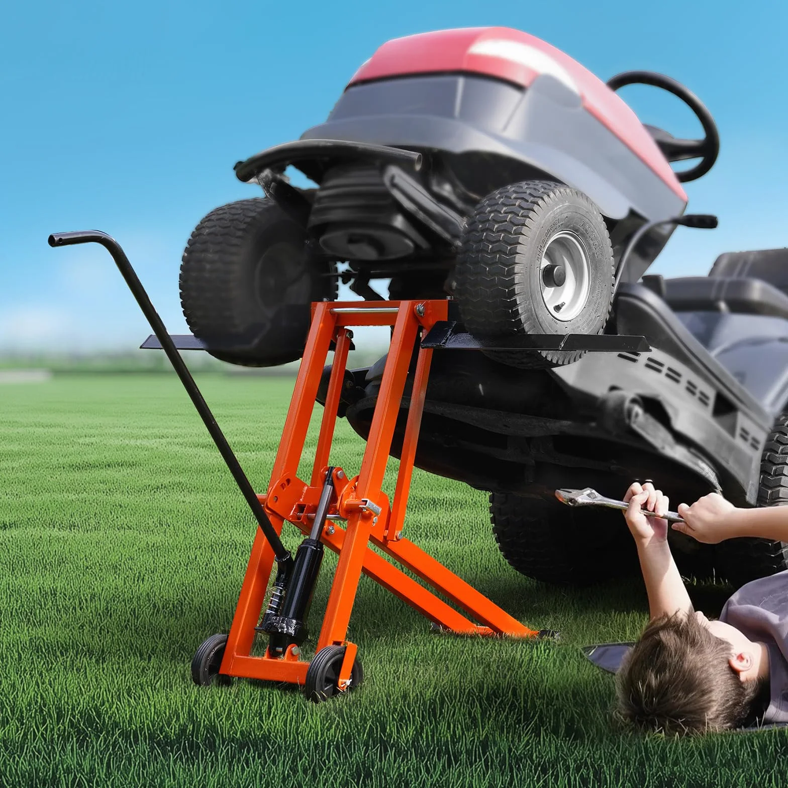 VEVOR Podnośnik kosiarki z hydraulicznym udźwigiem 225 kg, masywne stali węglowej, regulowany ruchomy do traktorów i kosiarek Zero Turn