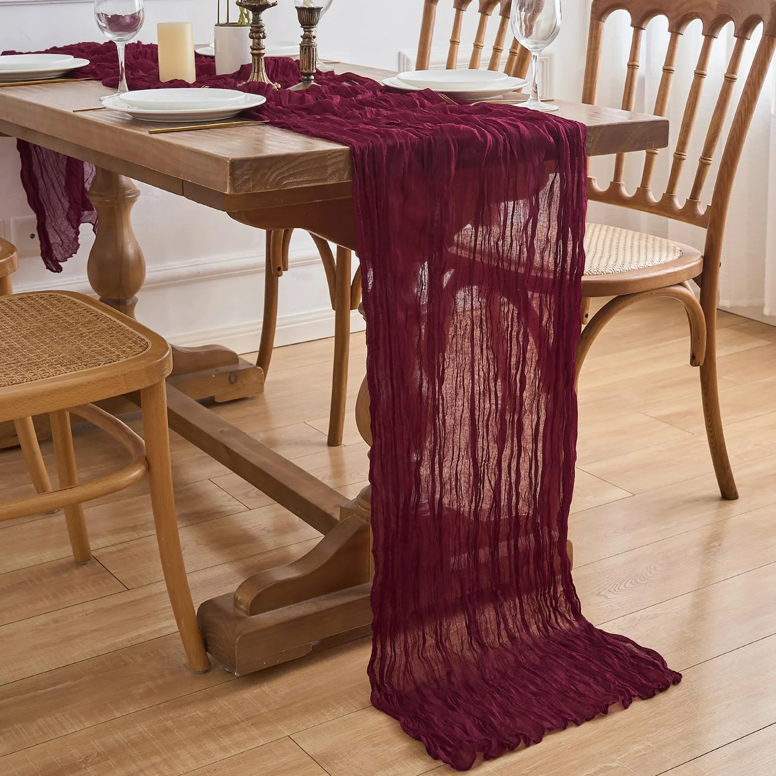 2 bieżniki na stół, obrus, obrusy w stylu boho, rustykalny obrus na wesele, dekoracja stołu, 90 x 300 cm (czerwone wino, 90 x 300 cm, 2 sztuki)