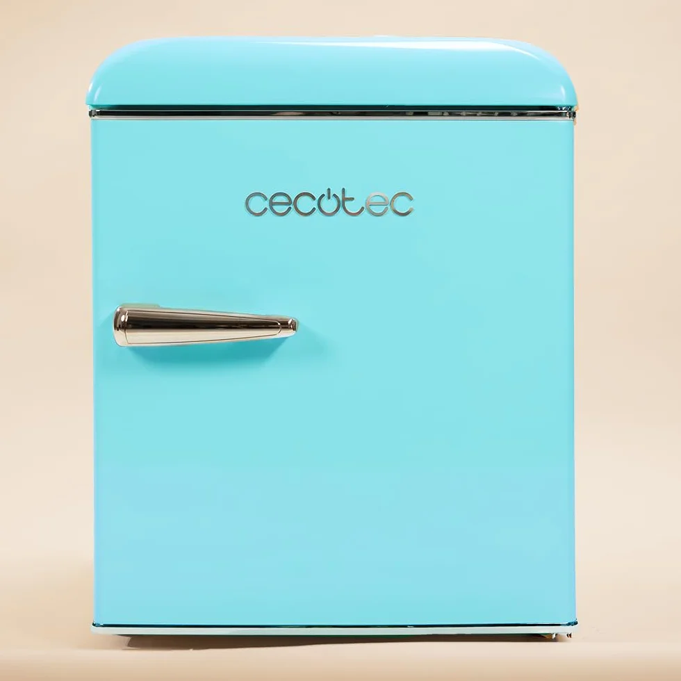 Cecotec Mini lodówka - lodówka retro 45 l Bolero CoolMarket TT Origin 45 Blue. 55 cm wysokości i szerokości 44,7 cm, klasa energetyczna E, lodówka lodówka i chromowany uchwyt, niebieski