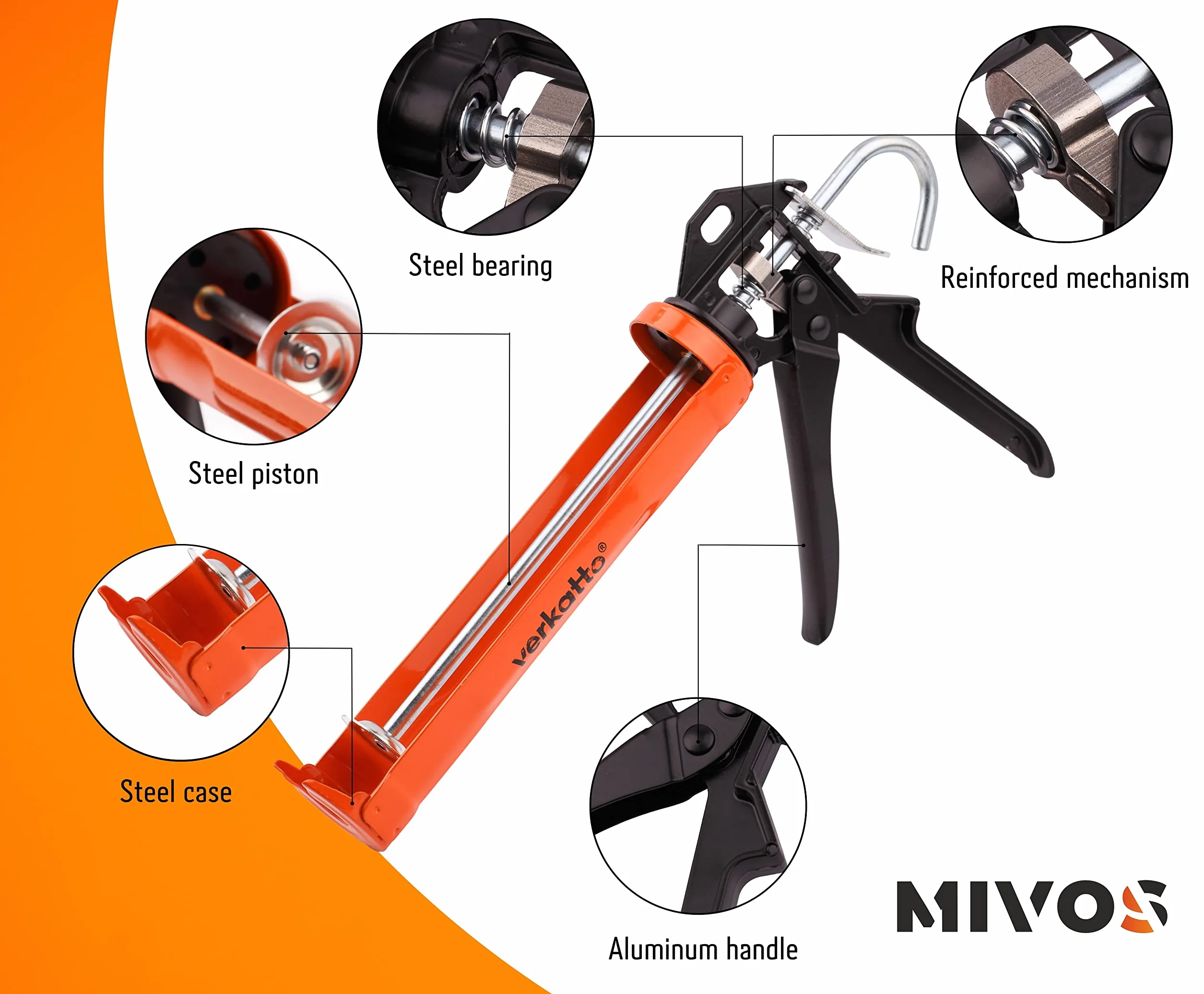 Mivos Prasa do kartuszów do przetwarzania wszystkich 310 ml kartuszów uszczelniających i klejowych - Wzmocniony pistolet do kartuszów z obrotową ramą do silikonu i akrylu - Przełożenie 20:1