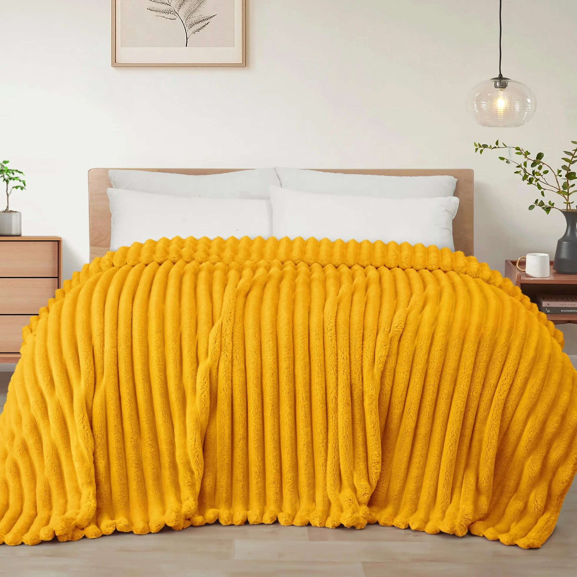 Exclusivo Mezcla Flanelowy koc polarowy w rozmiarze queen size, super miękki żakardowy koc w paski, lekki, puszysty, przytulny na każdą porę roku, 230 x 230 cm, musztardowy żółty koc