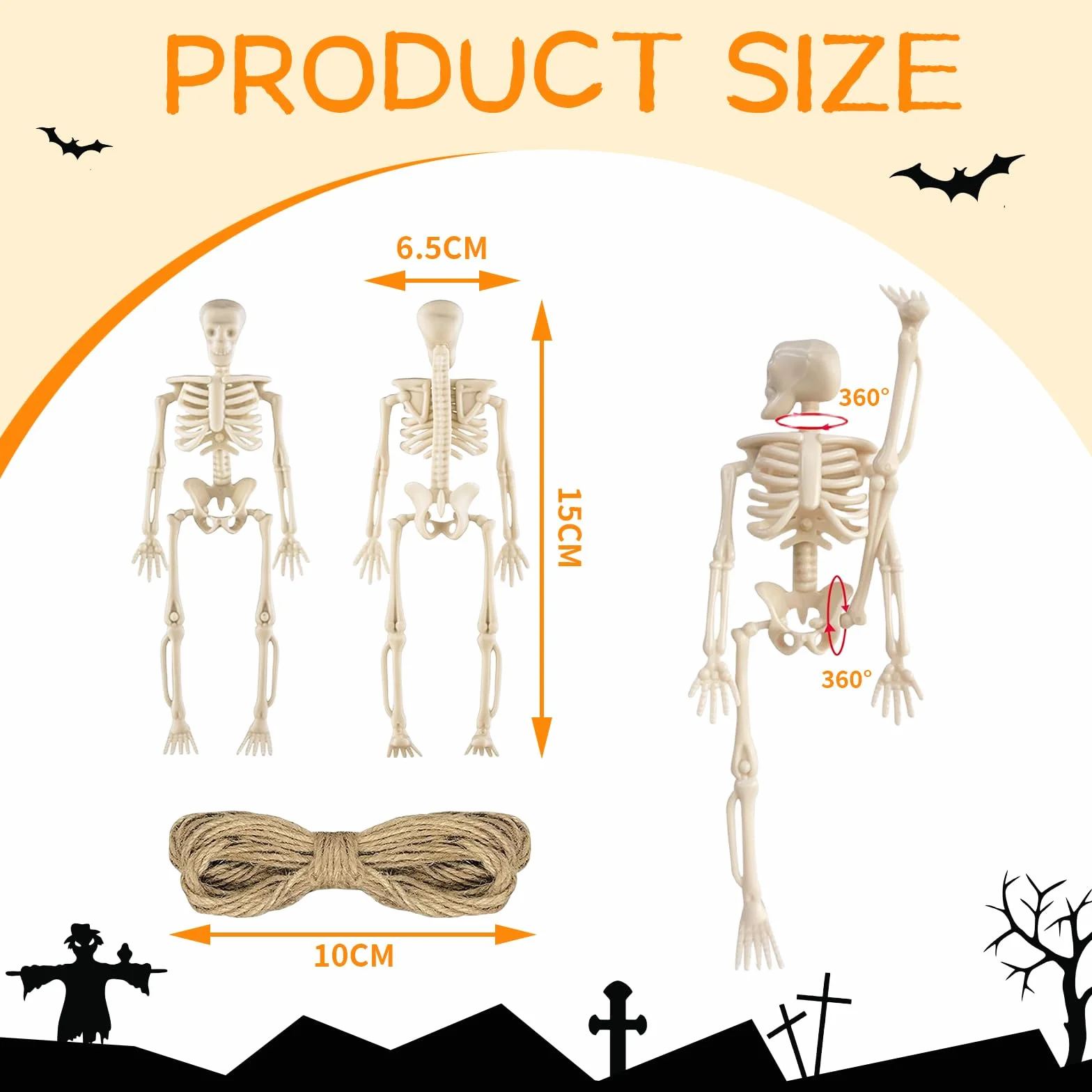 Hebterrka 8 sztuk dekoracyjnych mini szkieletowych figurek na Halloween, 15 cm, wysuwane plastikowe szkielety na straszną dekorację domu na Halloween, dekoracja domu duchów i prezenty na imprezę
