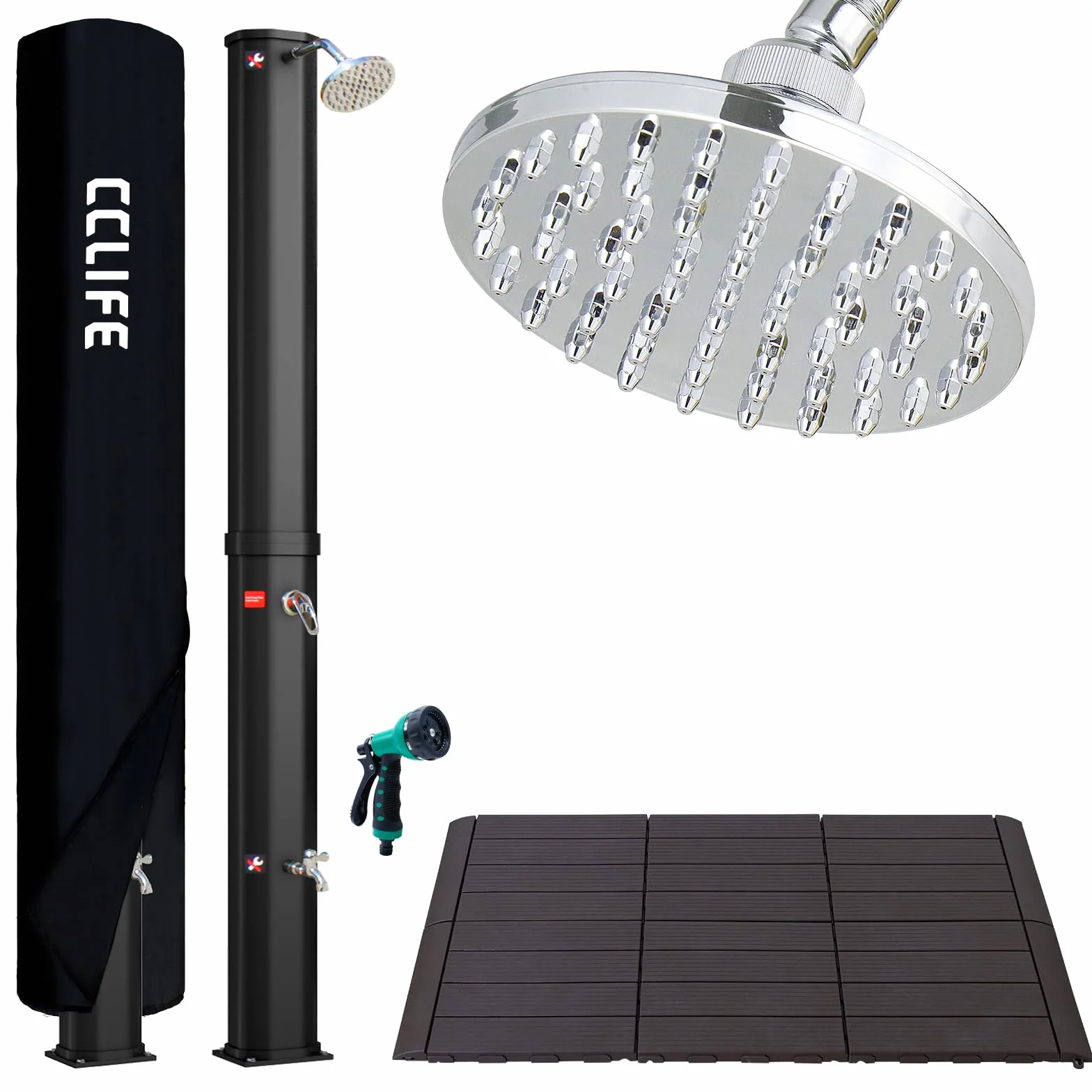 CCLIFE Prysznic solarny, 40 litrów, słoneczny prysznic ogrodowy z plastikową podłogą i osłoną ochronną, słuchawka prysznicowa, regulowana temperatura wody do 60°, do basenu plażowego