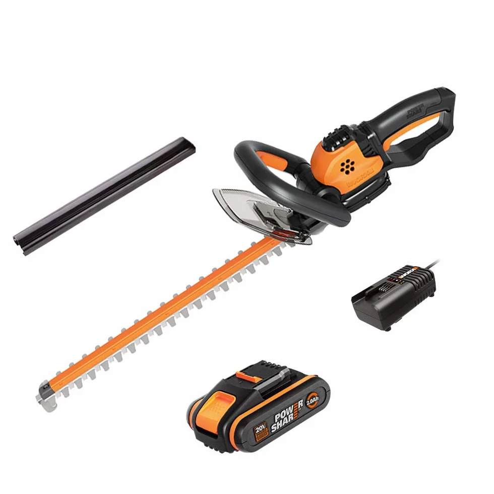 WORX Bezprzewodowy nożyk do żywopłotu 18V (20 V) WG261E, akumulator 1 szt. 20 V 2,0 Ah, długość ostrza 460 mm, rozstaw zębów 16 mm, podwójne ostrze, potrójny uchwyt z regulacją bezpieczeństwa