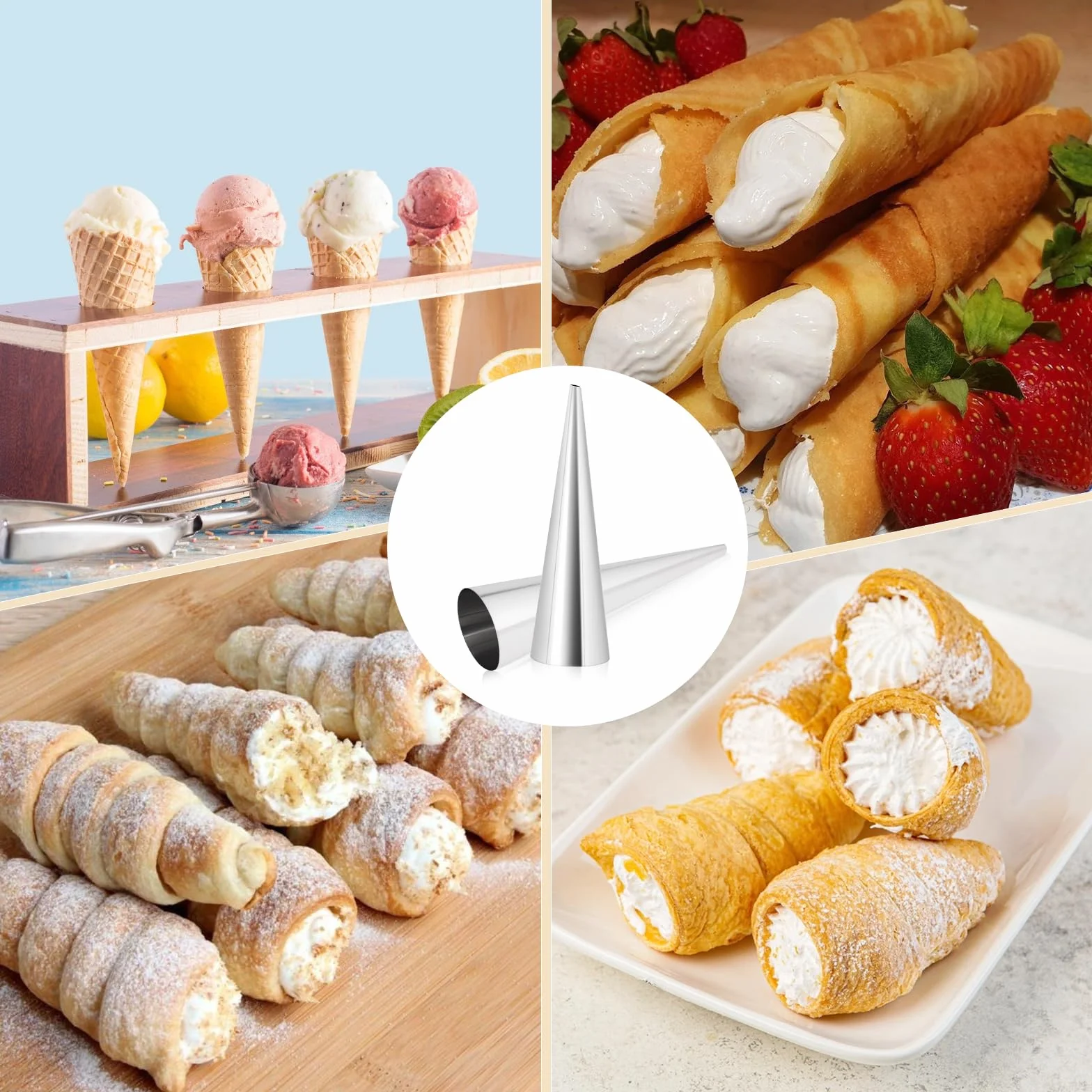 18 szt. foremek do pieczenia kremowych rogów, rurek cannoli ze stali nierdzewnej, 10 metalowych stożków i 5 rurkowych foremek do pieczenia rogalików, lodów i