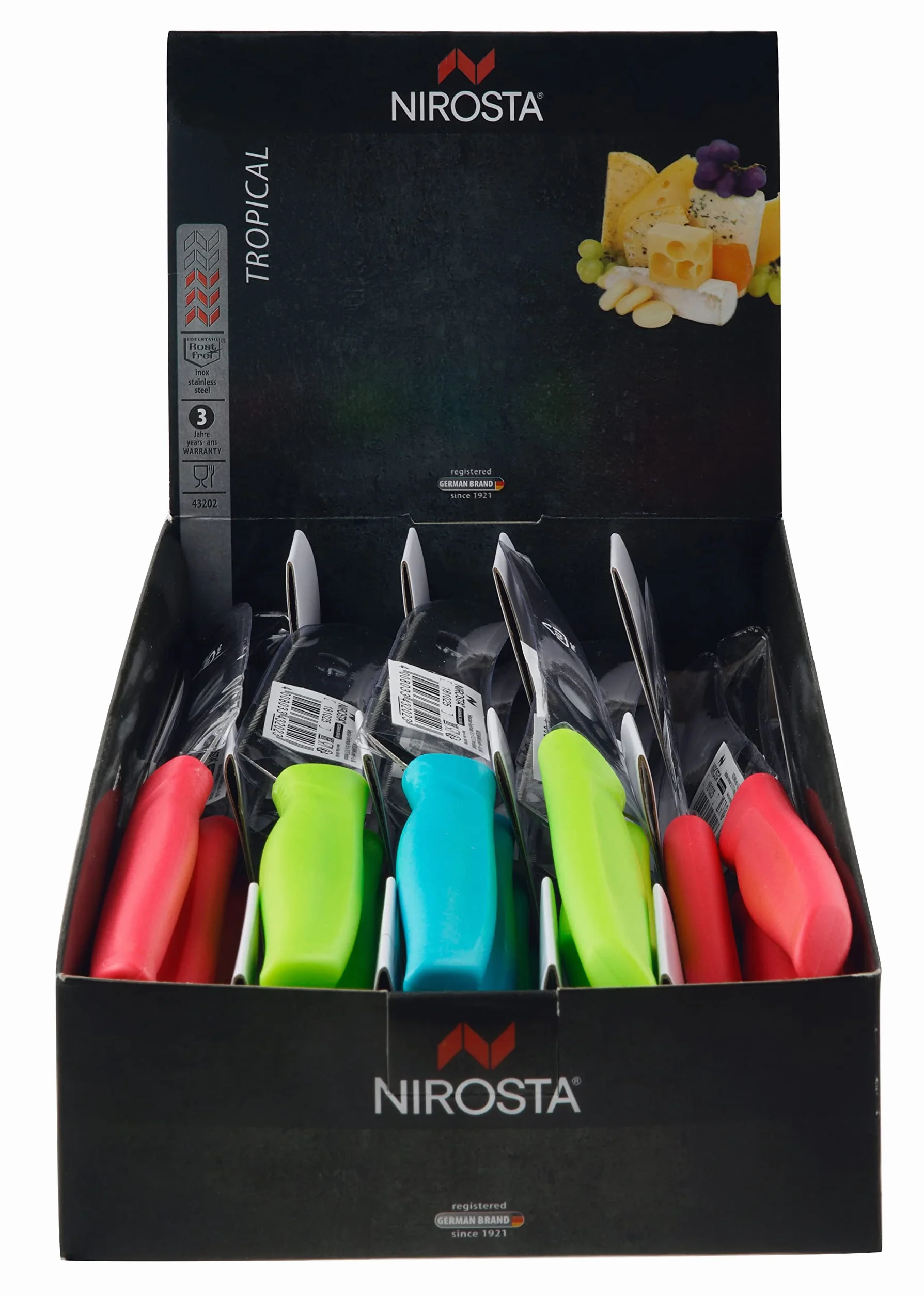 NIROSTA 43202 Fackelmann nóż do sera Tropical z tworzywa sztucznego/stali nierdzewnej, 24 cm, koralowy/zielony/niebieski