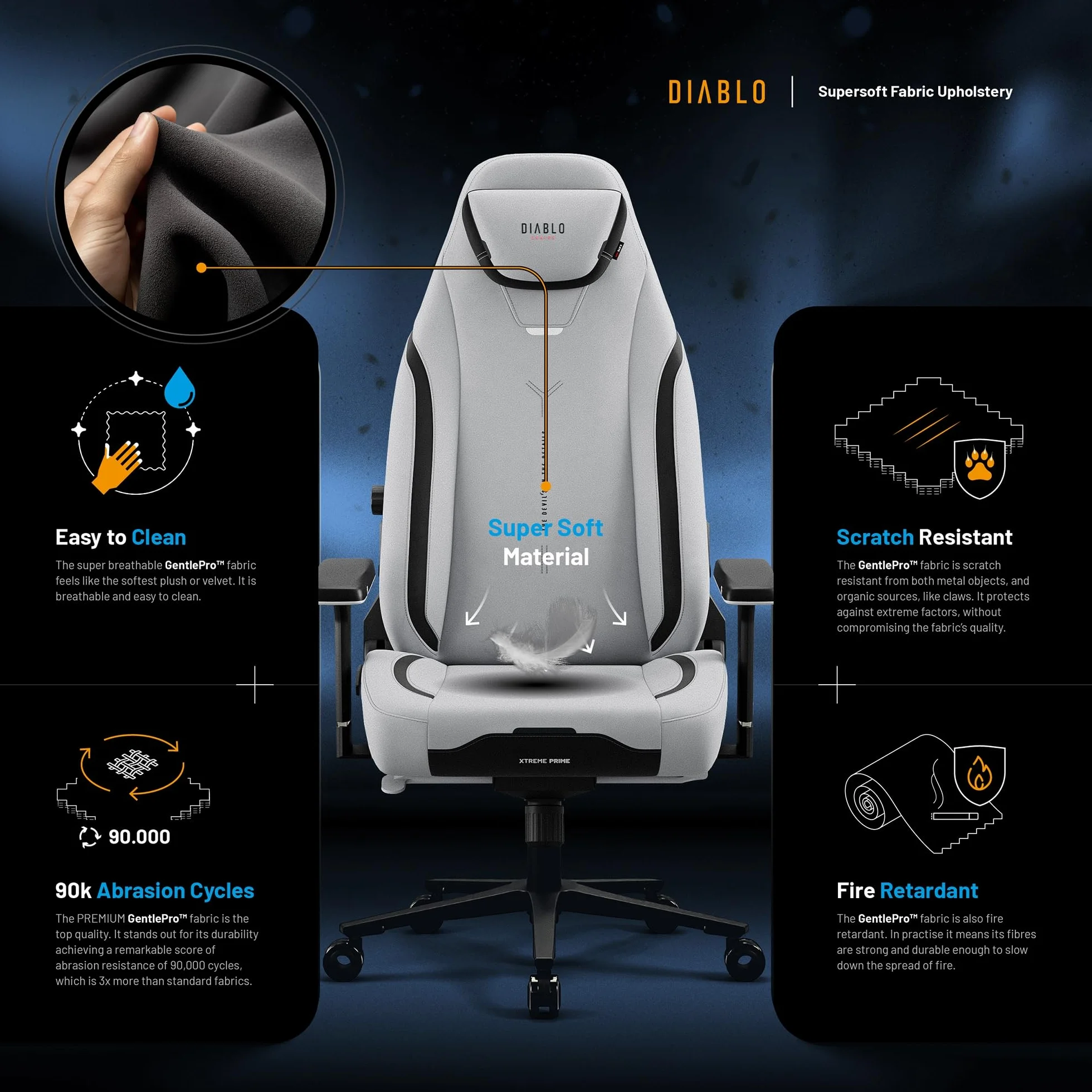 Diablo Fotel gamingowy X.Eye Prime Ergonomiczny Tkanina PC Fotel z Magnetycznym Zagłówkiem Funkcja chłodzenia Wytrzymały Tkanina 140 kg