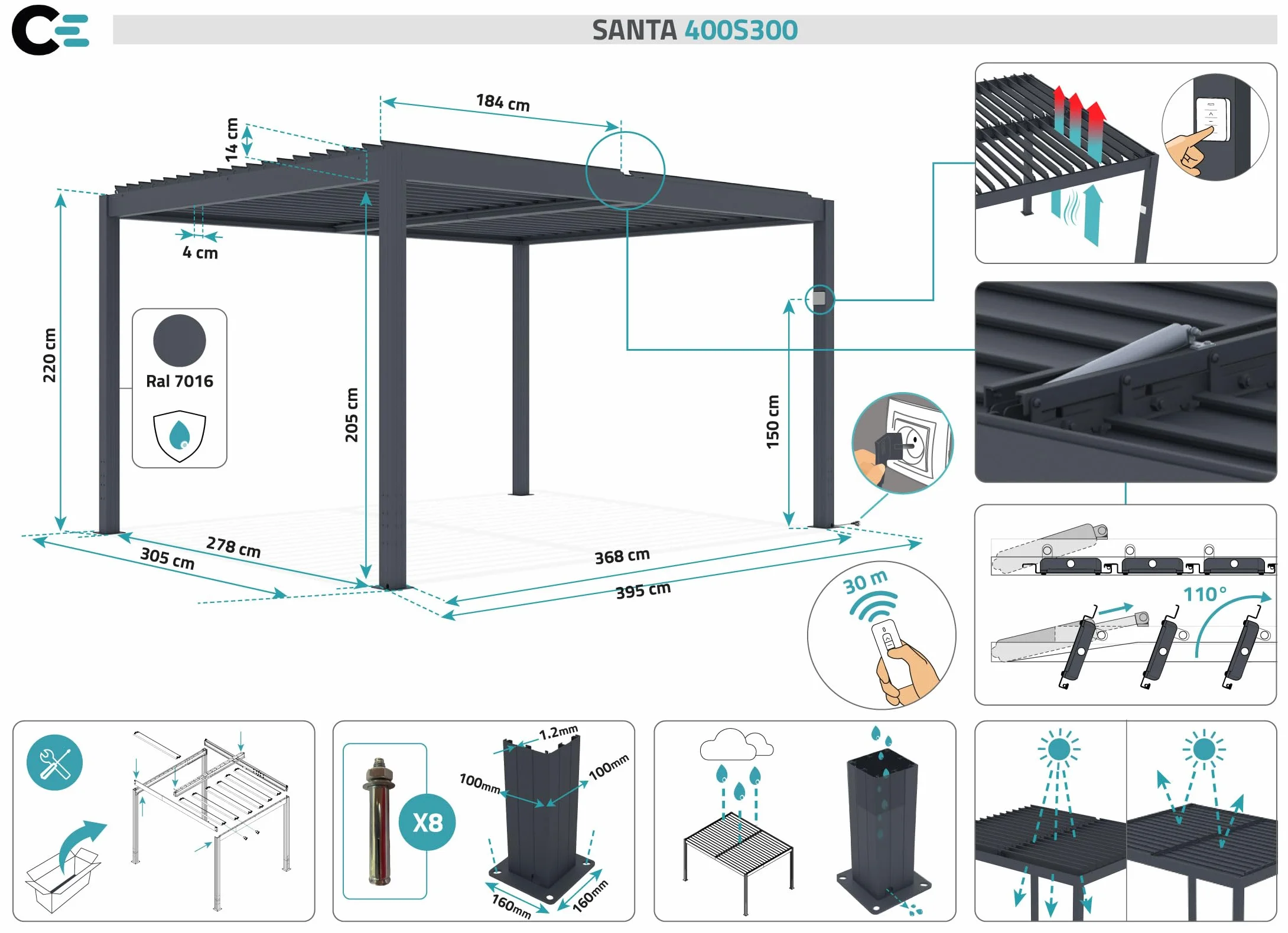Cazeboo SANTA 4x3m szara aluminiowa pergola bioklimatyczna z napędem elektrycznym