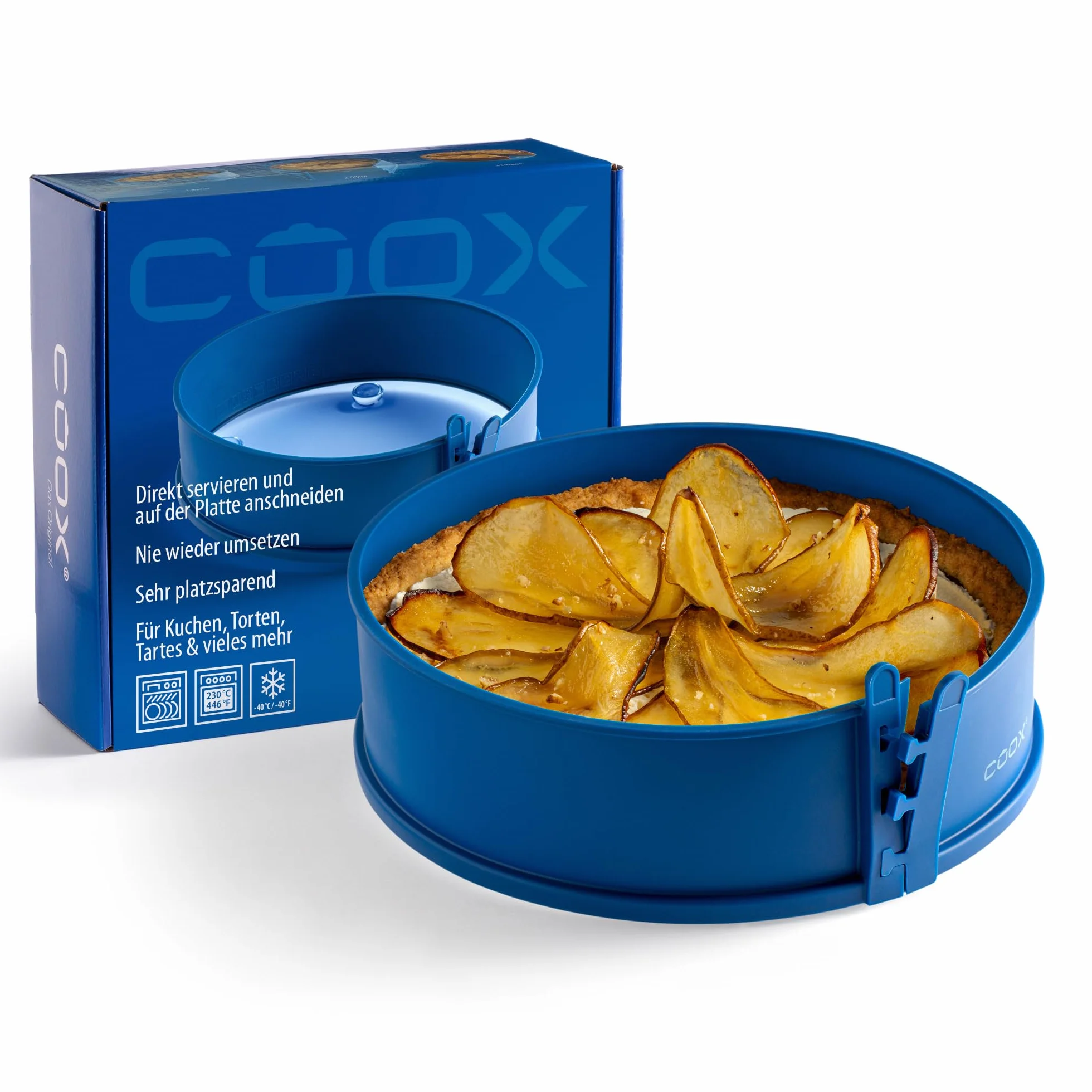 coox Tortownica ze szklanym talerzem do serwowania i szklanymi nóżkami Ø 26 cm w kolorze niebieskim – perfekcyjne pieczenie i serwowanie w jednym!