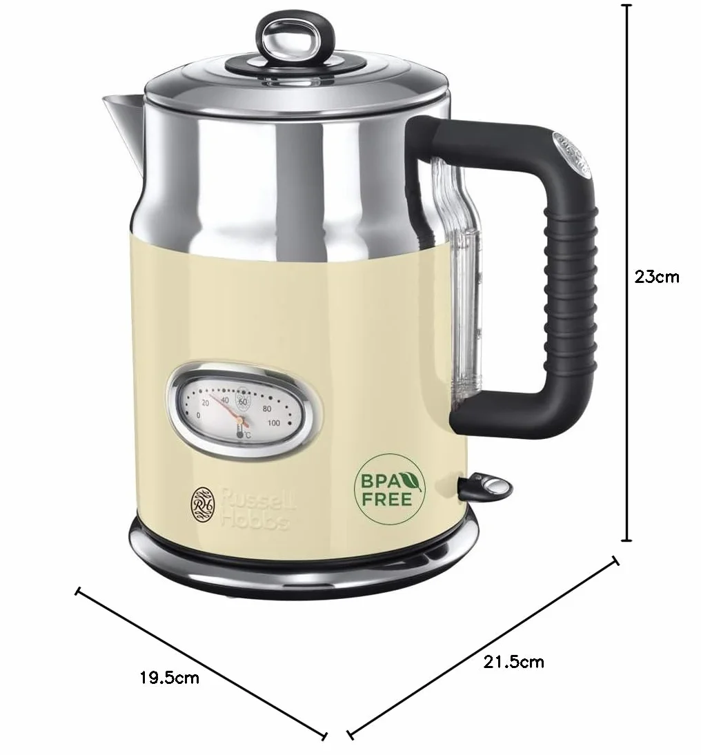Russell Hobbs Czajnik elektryczny, wymienny filtr antywapienny, markery szybkiego gotowania, kontroler strix, pojemność 1,7l, moc 2400W, stal nierdzewna - Kremowy Retro 21672-70