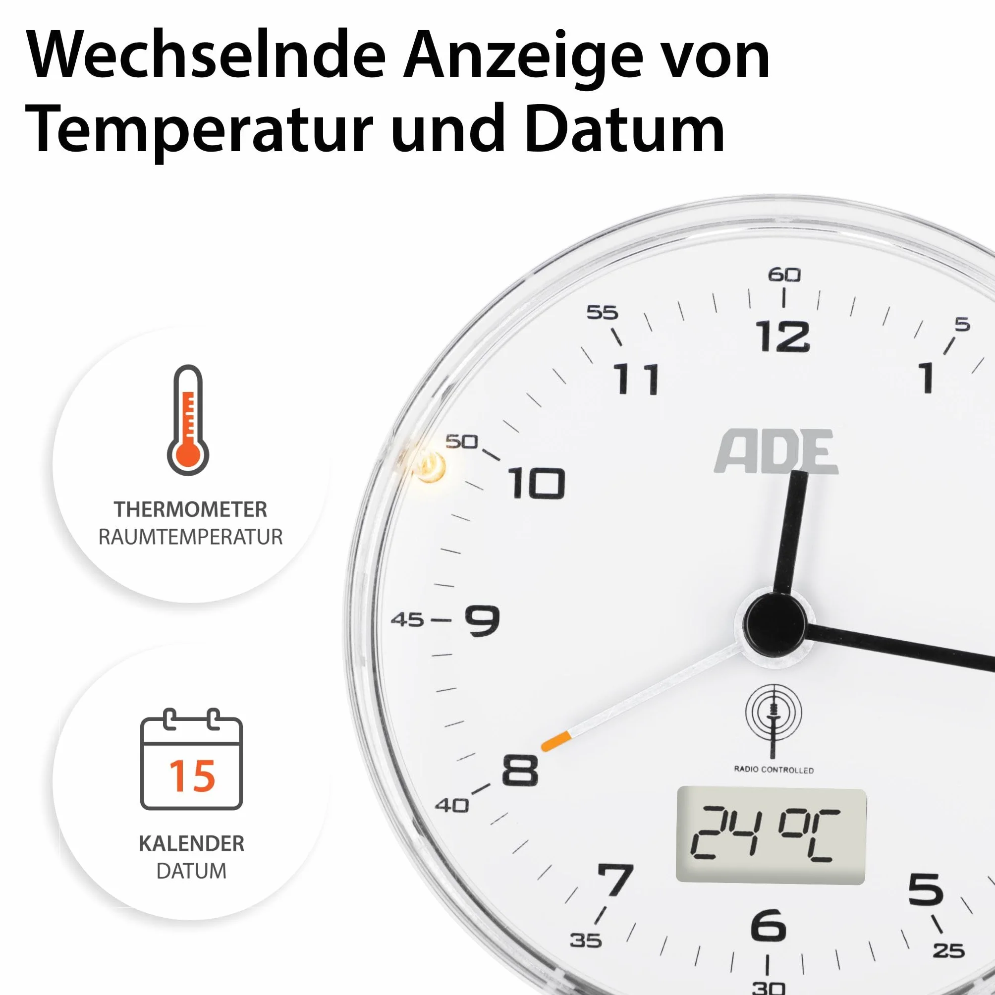 ADE Radiowy budzik analogowy bez tykania | zegar z wyświetlaczem temperatury i kalendarzem | bezgłośny analogowy budzik z oświetleniem | budzik radiowy z baterią | mały zegar do postawienia | biały