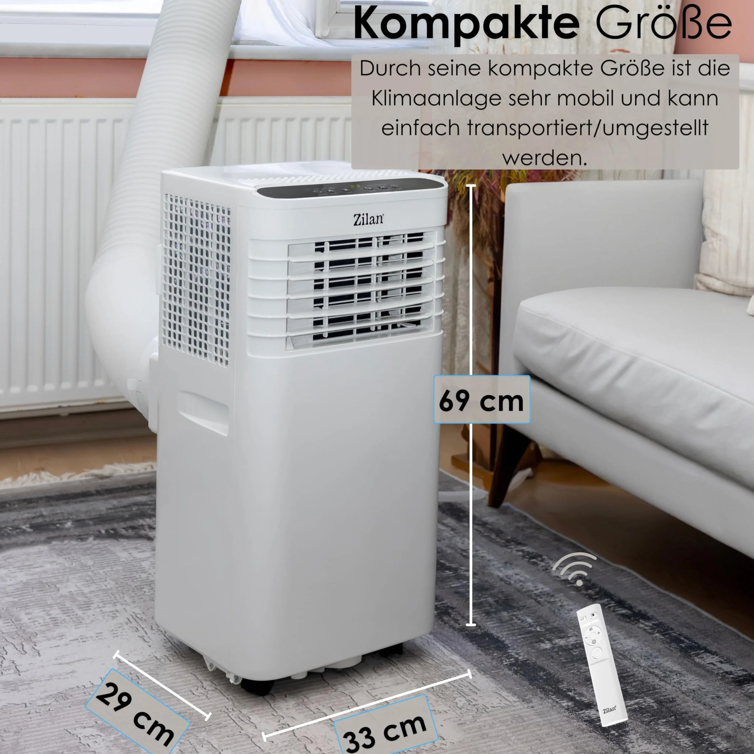 Mobilny klimatyzator 9000 BTU z wężem powietrza wylotowego i uszczelką okienną, mobilny klimatyzator 24 h, timer – wentylator chłodzący, 300 m³/h, osuszacz powietrza 1,2 l/h, cichy klimatyzator z