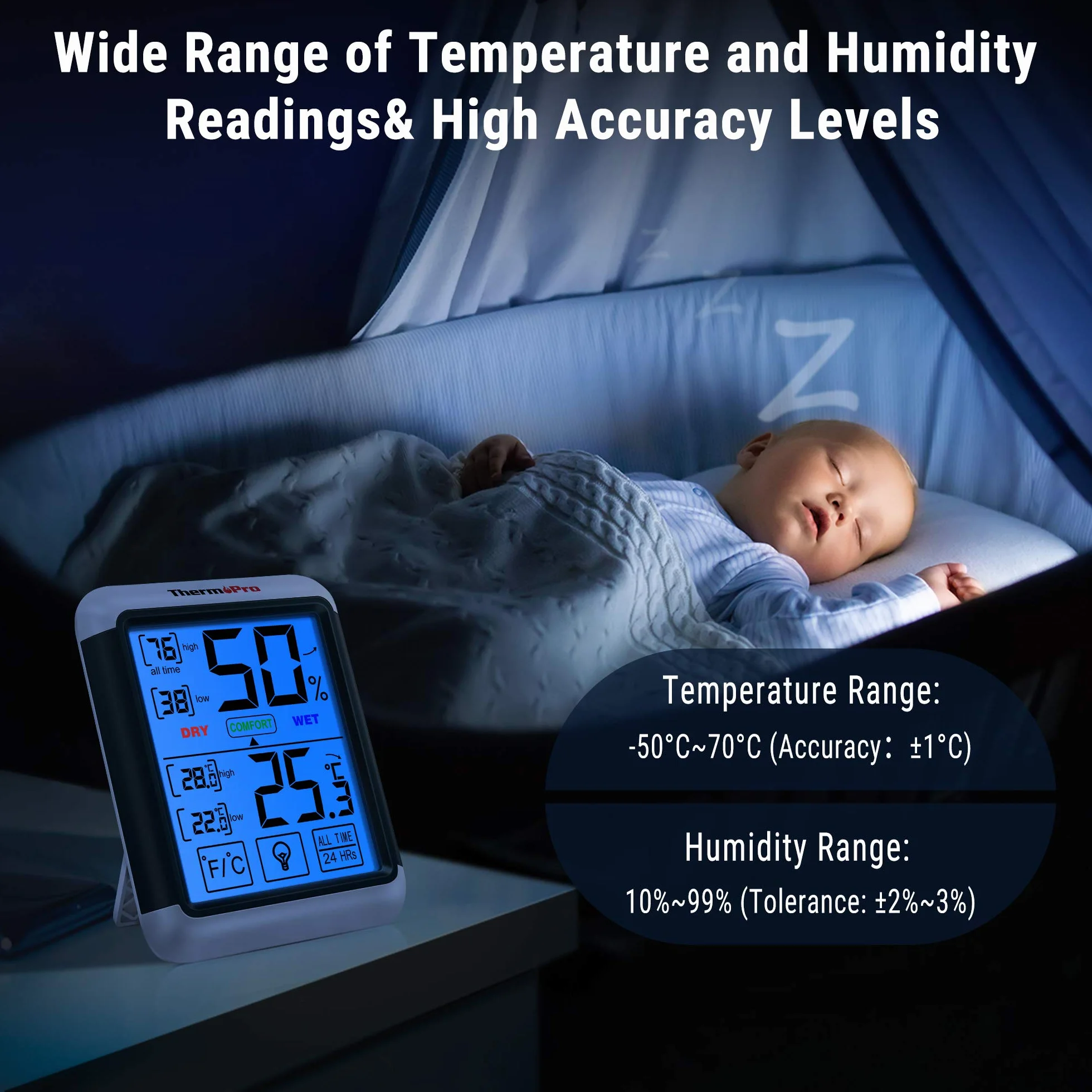 ThermoPro TP55 Cyfrowy termometr pokojowy Monitor temperatury i wilgotności z 24-godzinnymi zapisami wartości maksymalnej i minimalnej temperatury i wilgotności z dużym podświetlanym ekranem dotykowym