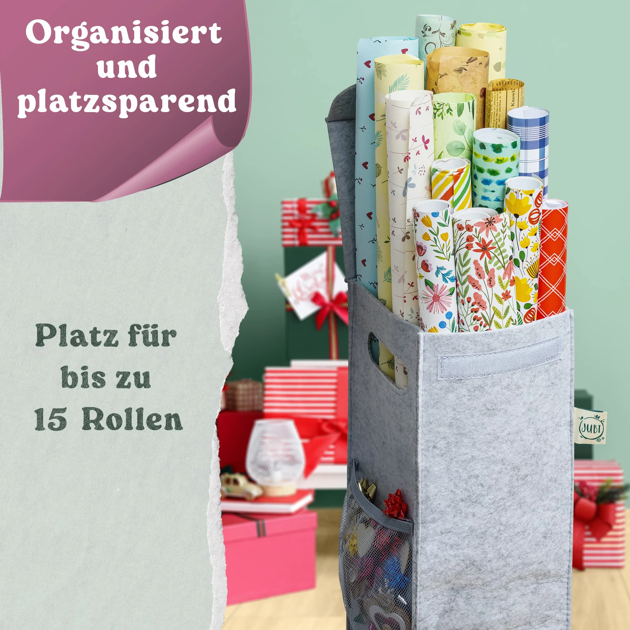 Jubi® organizer na papier prezentowy, w 100% z filcu z recyklingu, na 15 rolek papieru I OekoTexI – stabilny organizer do przechowywania papieru prezentowego, nowoczesny worek do przechowywania (szary