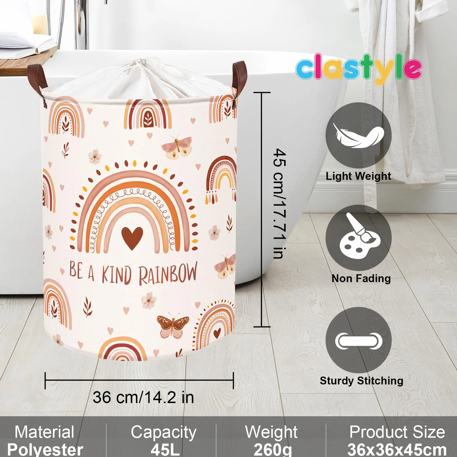 Clastyle 45L Boho Tęcza Różowy Dziecięcy Kosz na Pranie Butterfly Flowers Kids Laundry Basket Leaves Heart Clothes Toy Storage Basket For Bedroom, 36×45 cm