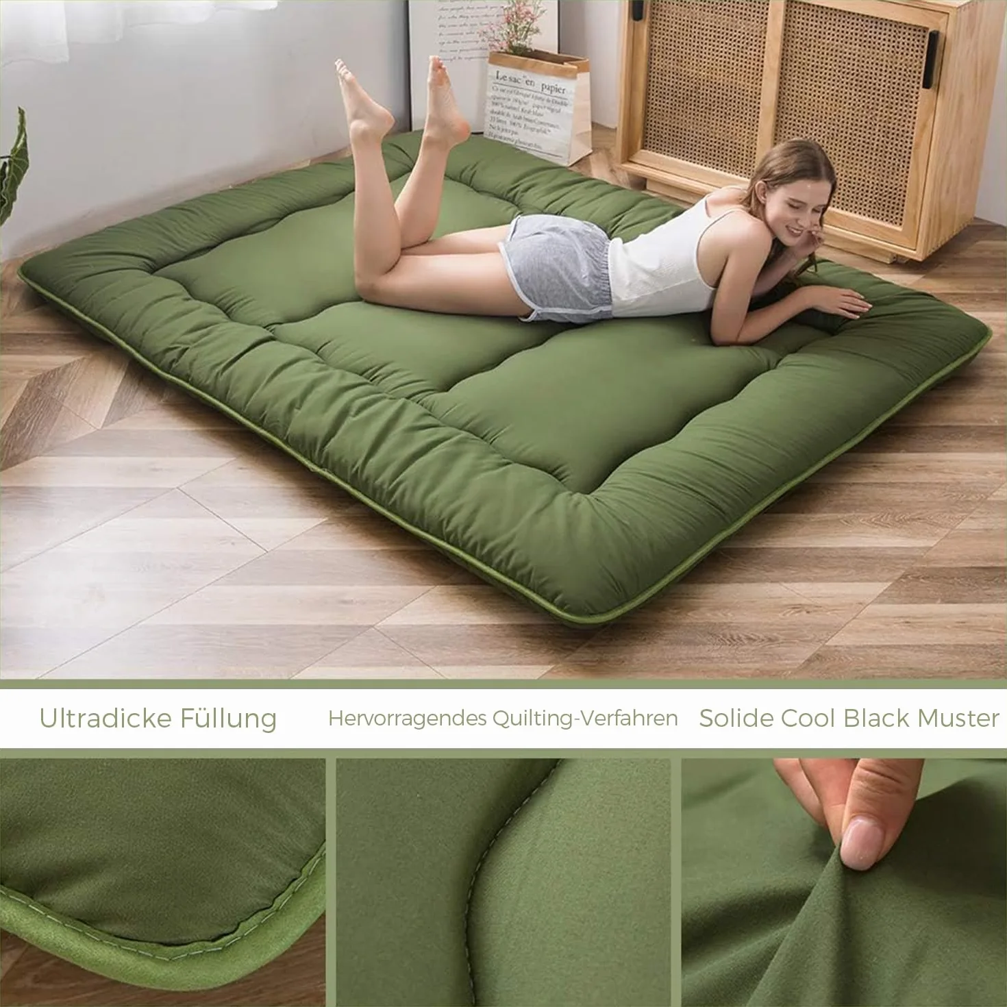 MAXYOYO Japoński materac podłogowy futon, pogrubiony, mata tatami, podkładka do spania, składany, zwijany, do sypialni, zielony, podwójny