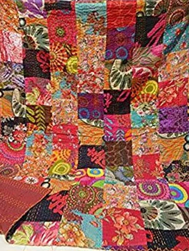 Estationeryhouse Indyjska kołdra w stylu vintage, patchwork, kanta, ręcznie wykonana narzuta, dwustronny koc, narzuta na łóżko, tkanina bawełniana, boho, kołdra