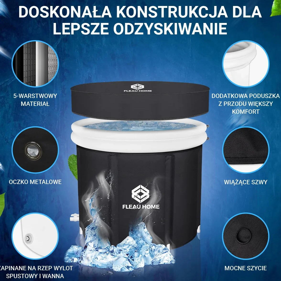Fleau Home Kąpiel lodowa XXL PRO – basen z pokrywą i pompką – unikalny model izolacyjny – podwójna poduszka do siedzenia – wanna nadmuchiwana – wanna – nadmuchiwana – metoda Wim Hof