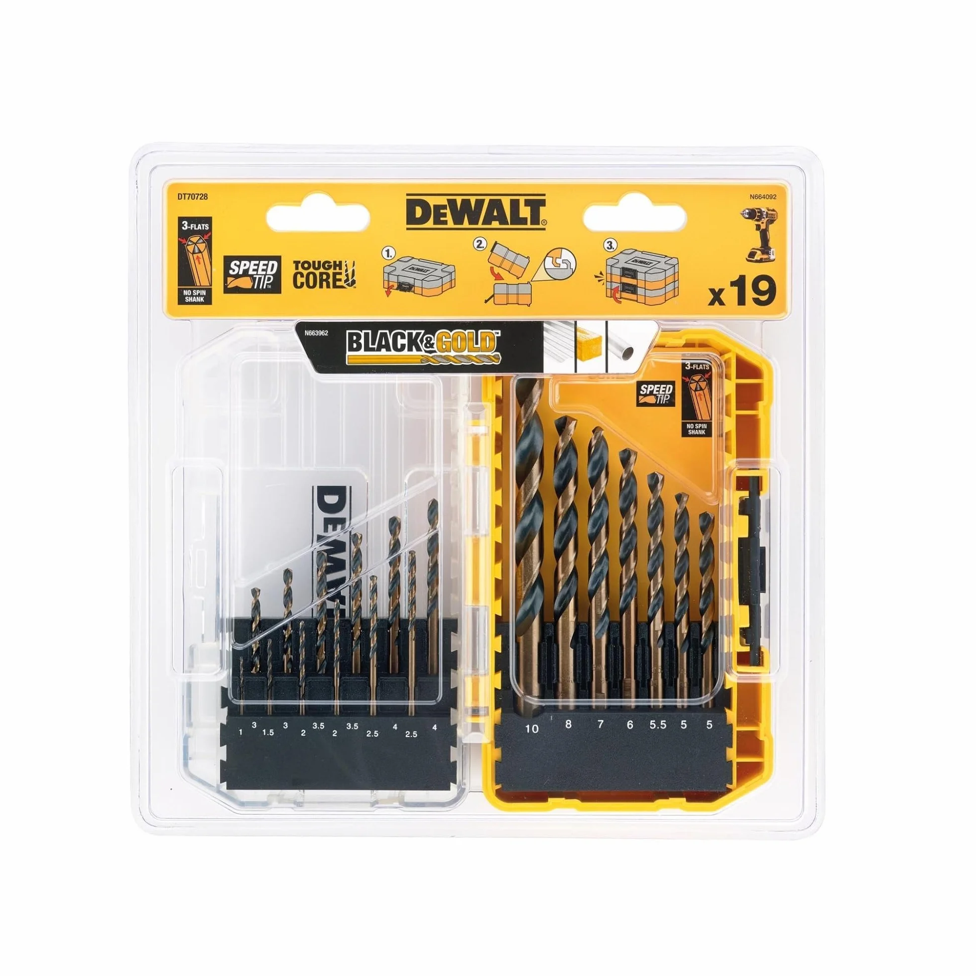 DEWALT, Zestaw wierteł do metalu, 1-10 mm, 19 sztuk, DT70728-QZ