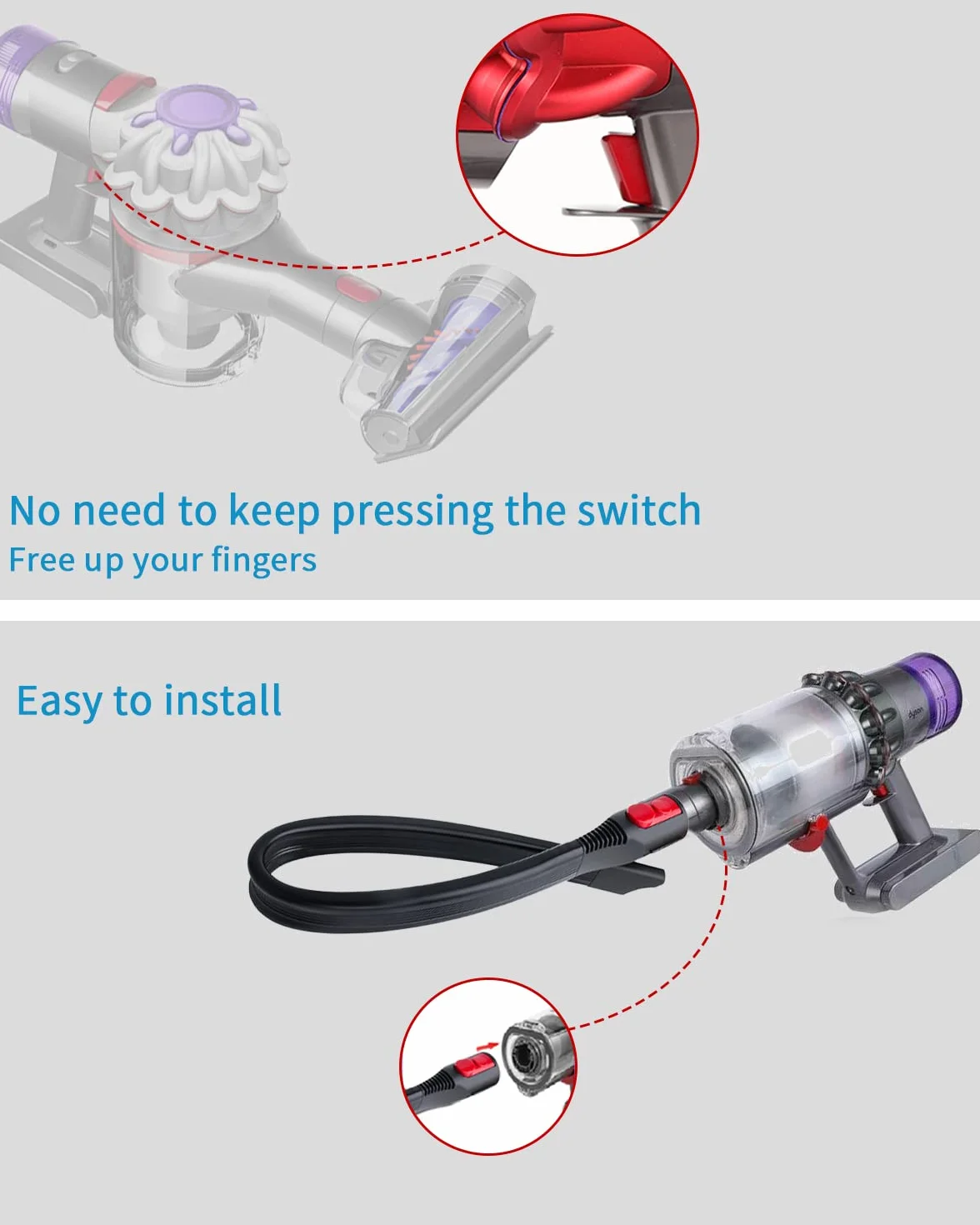 Jissta Zamienne mocowanie węża do odkurzaczy Dyson V15, V11, V10, V8, V7 z elastyczną końcówką, wężem przedłużającym i blokadą włącznika