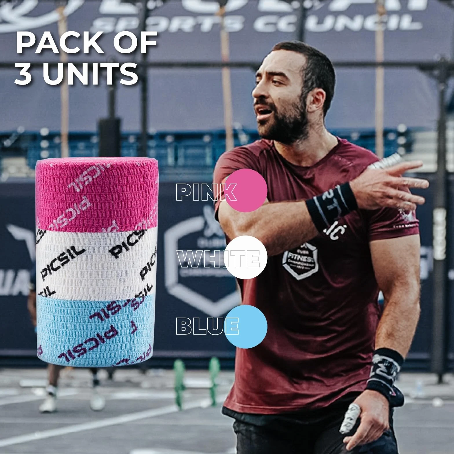 PICSIL Tape Sport – Elastyczna Taśma Sportowa (3-pack), Ochrona Palców i Rąk do Podnoszenia Ciężarów, Gimnastyki i Treningu Siłowego, Odporna na Pot i Wodę, 3,8 cm x 6 m