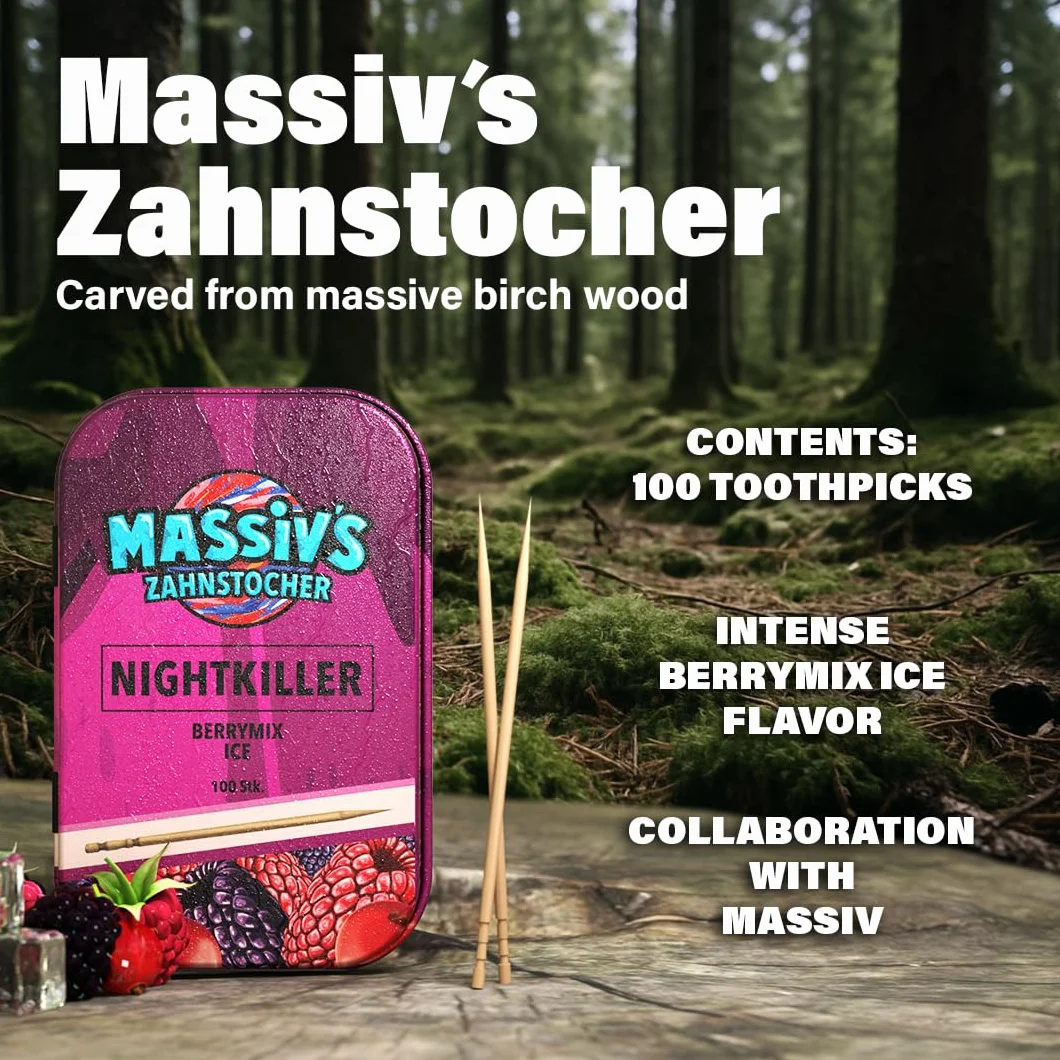 Massiv’s Toothpicks – Smakowe wykałaczki – NIGHTKILLER Berrymix Ice – 100 smakowych wykałaczek – Świeży oddech – Stylowa metalowa puszka – Wegańskie, bez cukru, bez kalorii
