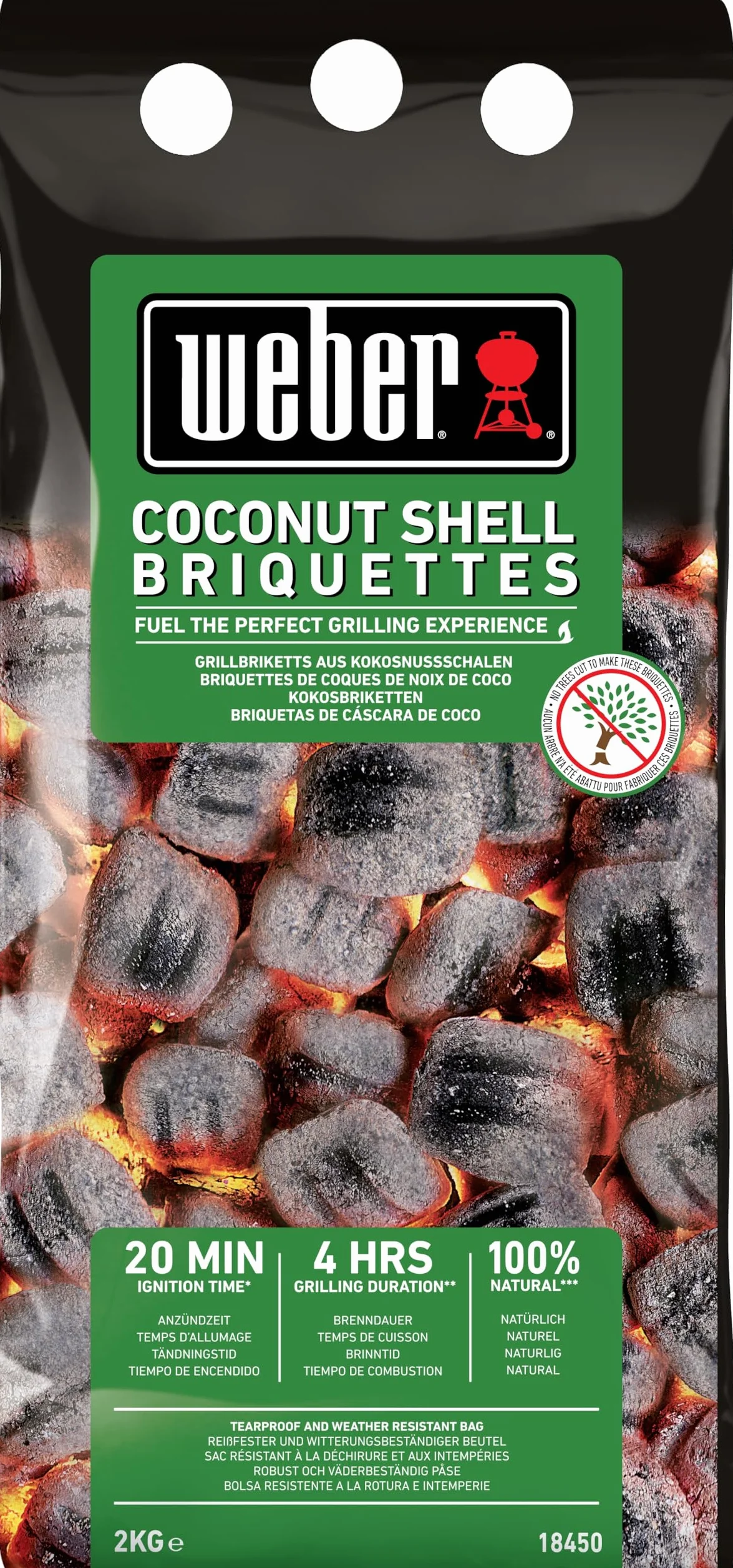 Weber Brykiet do Grilla z Skorupek Kokosowych (2kg Worek), Wydajny, do Długiego i Stabilnego Żaru, Idealny do Długiego Grillowania Mięsa, 100% Naturalny (18450)