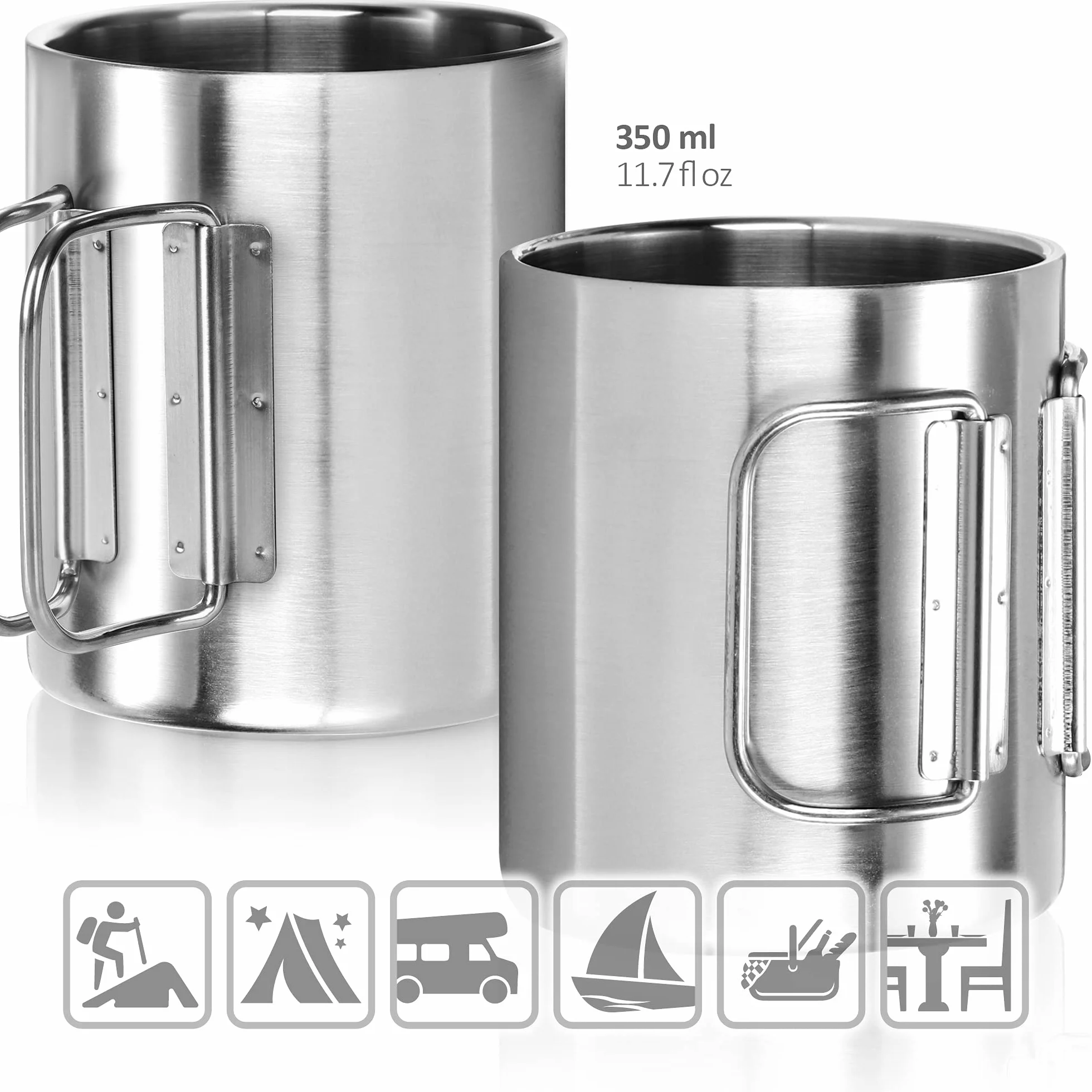 com-four® kubek termiczny stal nierdzewna 350 ml składany uchwyt podwójna ścianka izolacyjna bez BPA srebrny