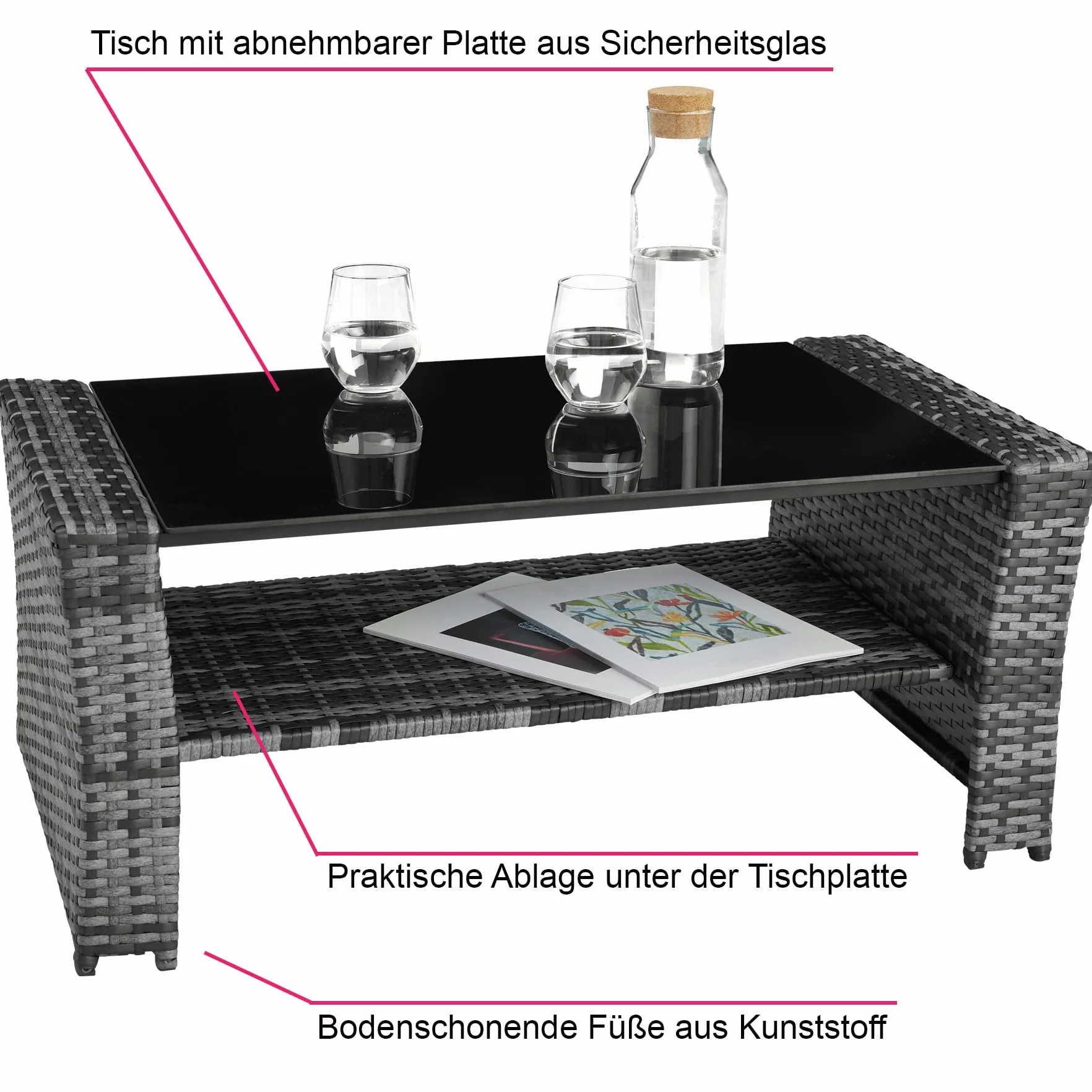 tectake® Zestaw Mebli Ogrodowych z Technorattanu Modena,Wysokiej Jakości, UV-Odporny, Wodoodporne Poduszki, Stalowa Rama, Stół ze Szkła Hartowanego, Przestronny Schowek - szary