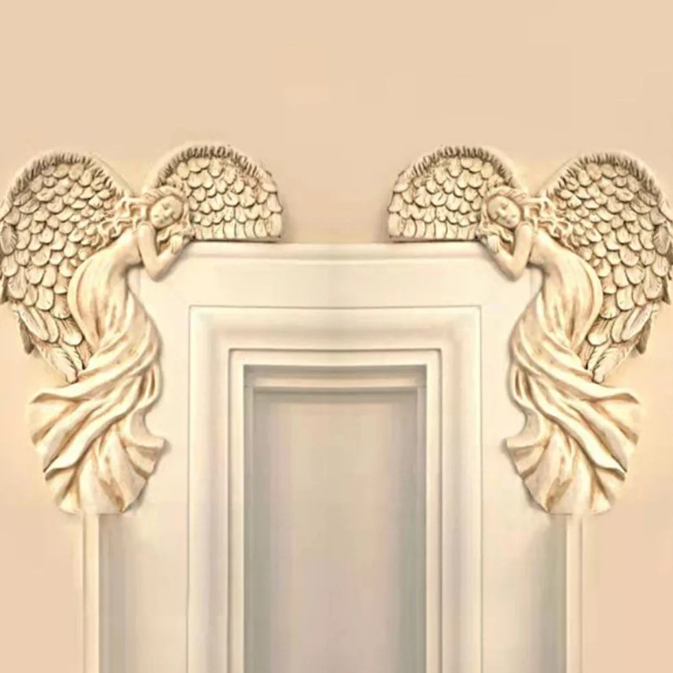 Jauhmui Skrzydło anioła, dekoracja na drzwi z żywicy, rzeźba ścienna 3D w stylu shabby chic, kreatywny ornament do dekoracji ścian i drzwi (lewa)