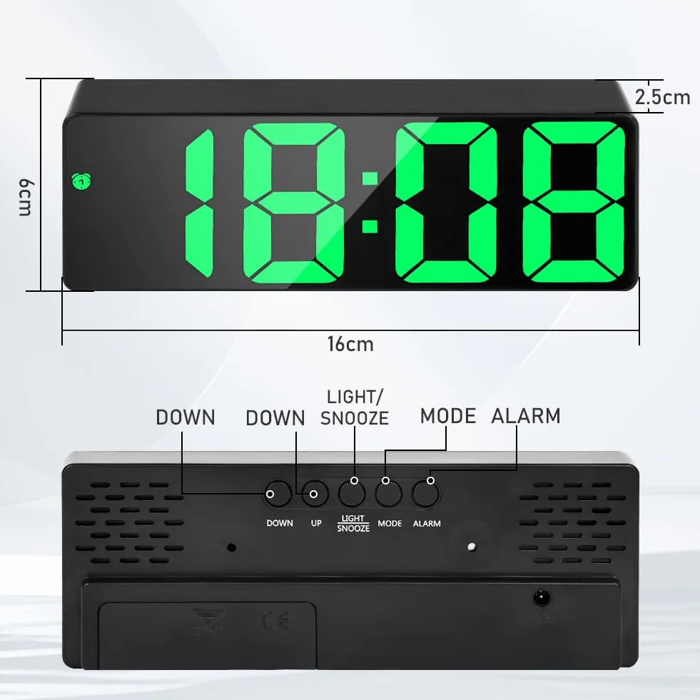 flintronic Cyfrowy budzik, cyfrowy budzik LED z dużymi cyframi, zegar stołowy z wyświetlaczem temperatury i alarmami, cyfrowy zegar zasilany przez USB, budzik nocny z funkcją drzemki/regulowanym